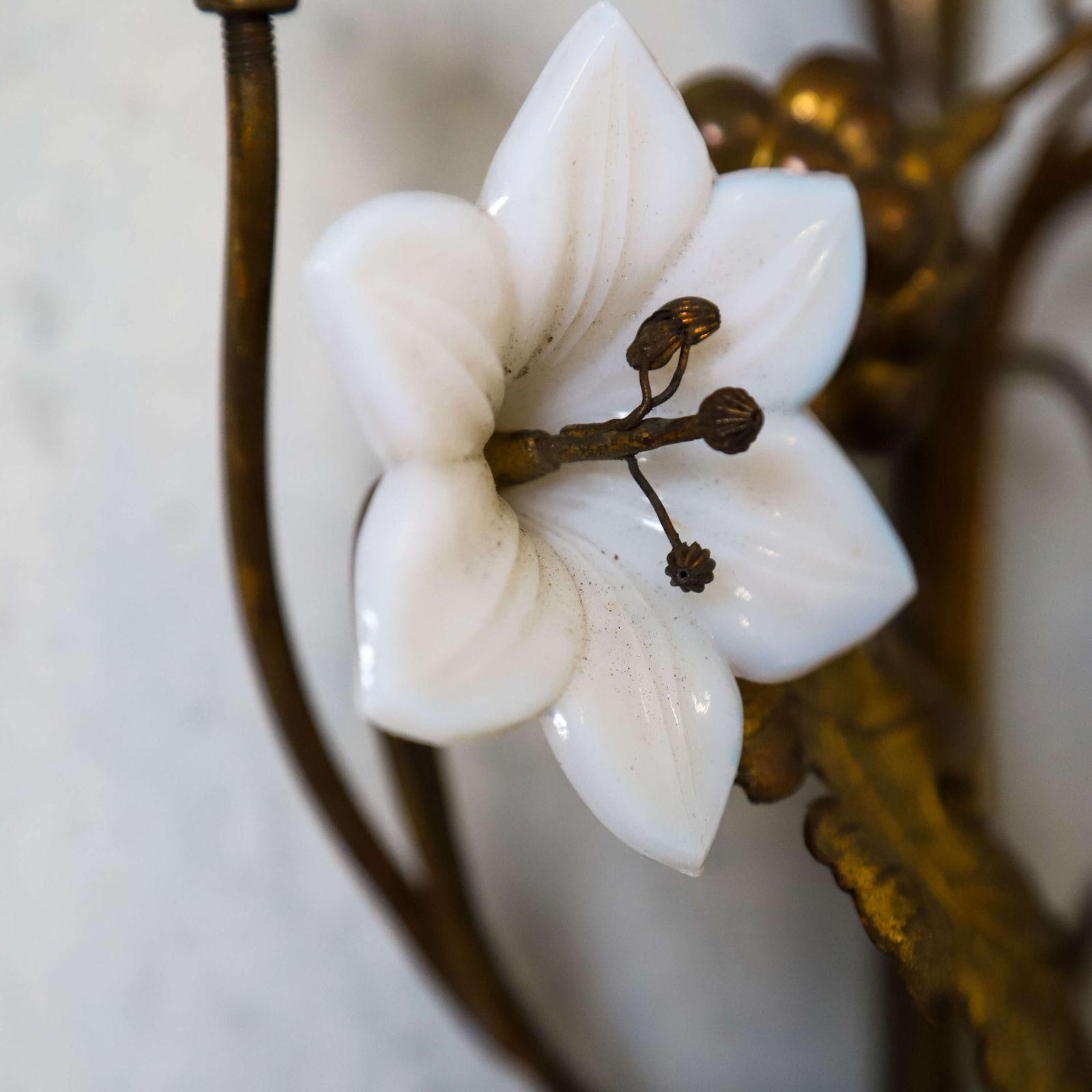 Lighting Pair Of Decorative Gilt Metal Wall Sconces With Glass Flowers — French, Mid 20th Century photo