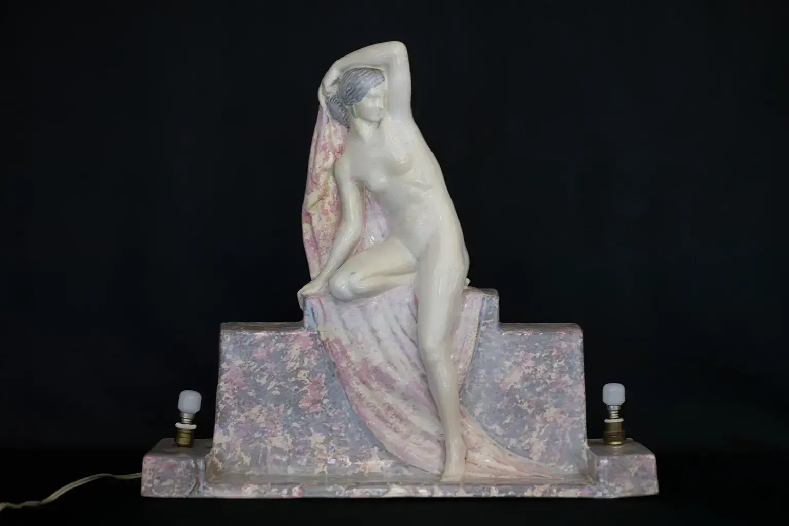 Art Deco Sculpture Lamp "Seated Draped Nude Woman" By Fanny Rozet photo vinterior