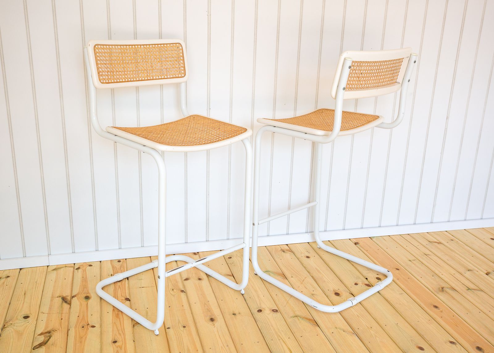 2 White Cesca Barstools Marcel Breuer B64 S64 Bauhaus Rattan Bar Chair Mcm 1970s Pair Bar Stools Bar Chairs Mid Century photo furniture