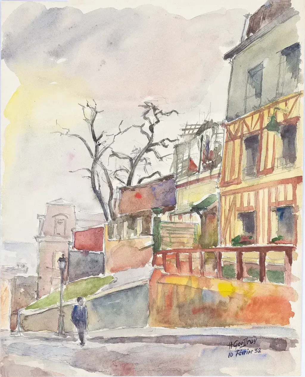 Aquarelle par Henri Geoffroy, Montmartre 1952 - Scène urbaine aux maisons à colombages photo furniture