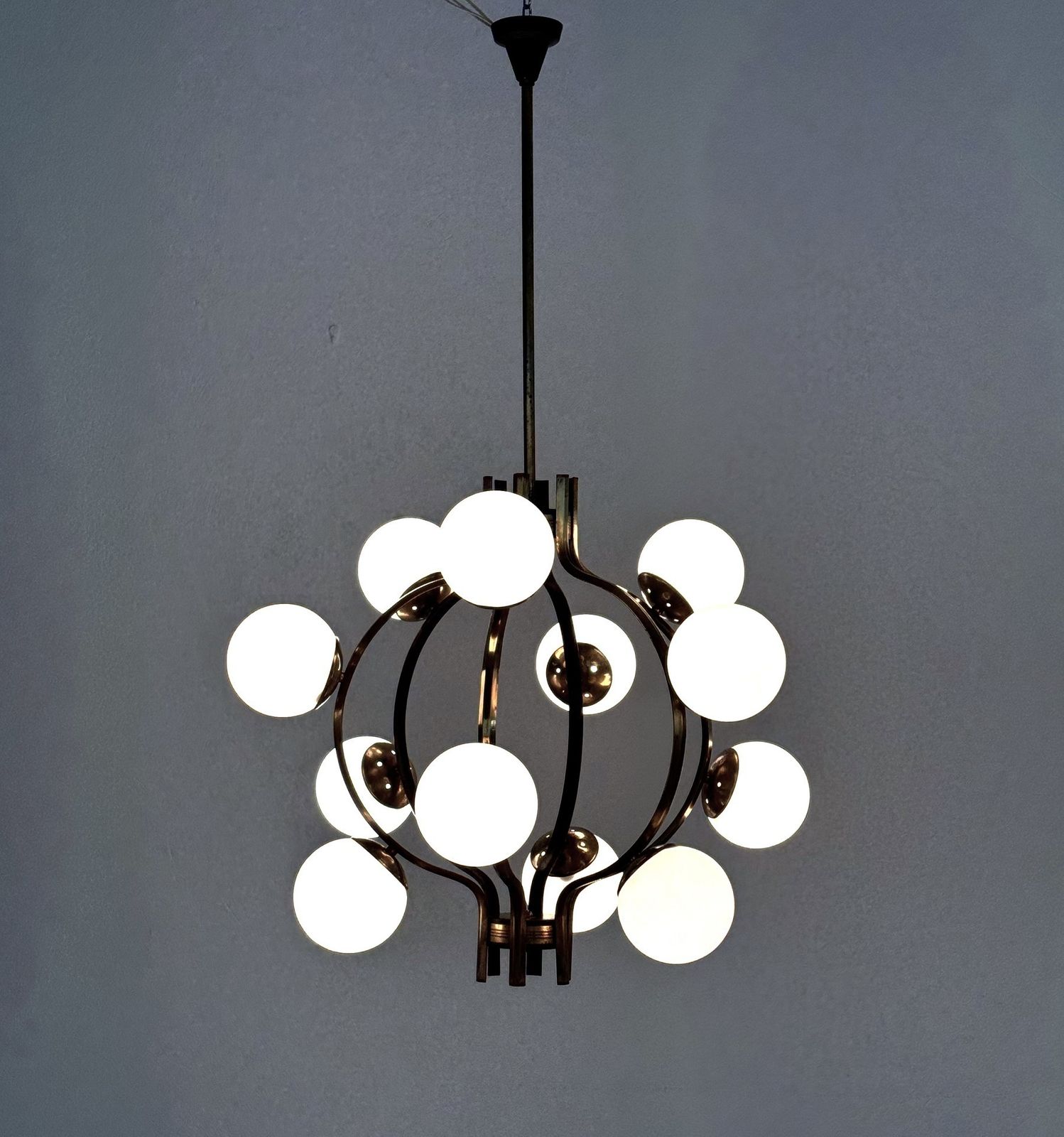 Stilnovo Italian Brass And Opaline Glass Chandelier, 1950s photo for sale