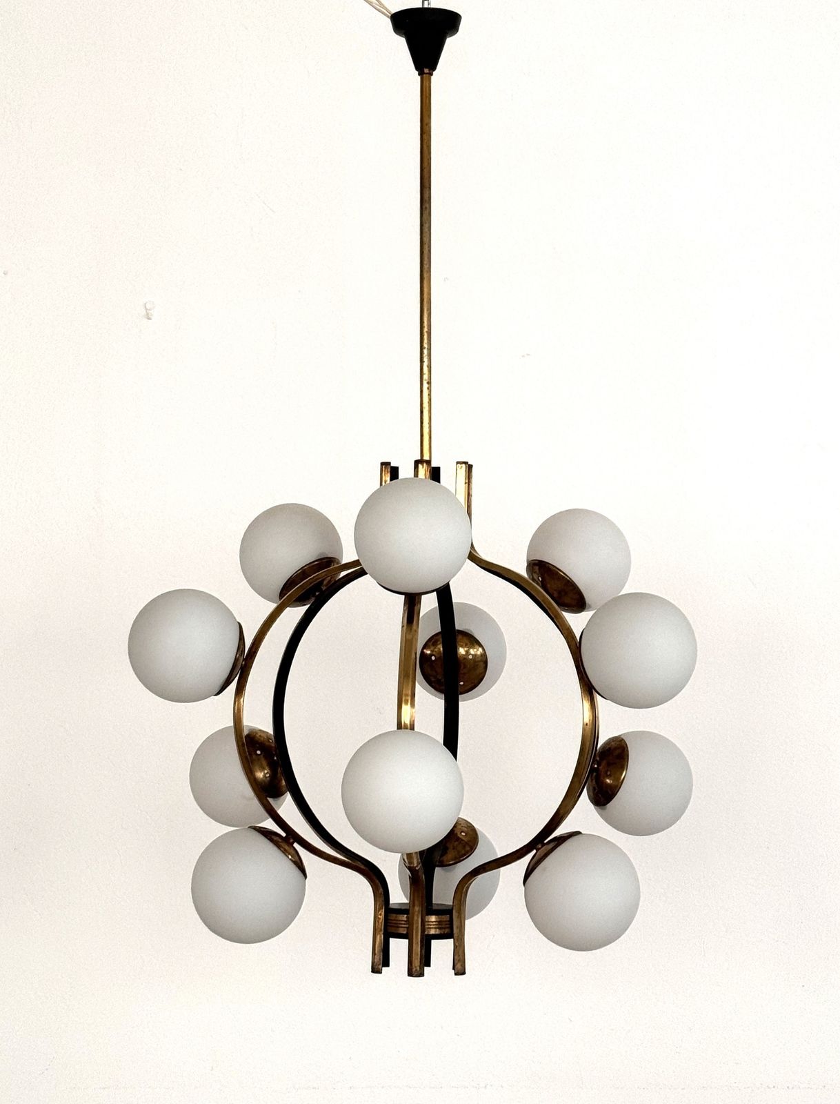 Stilnovo Italian Brass And Opaline Glass Chandelier, 1950s