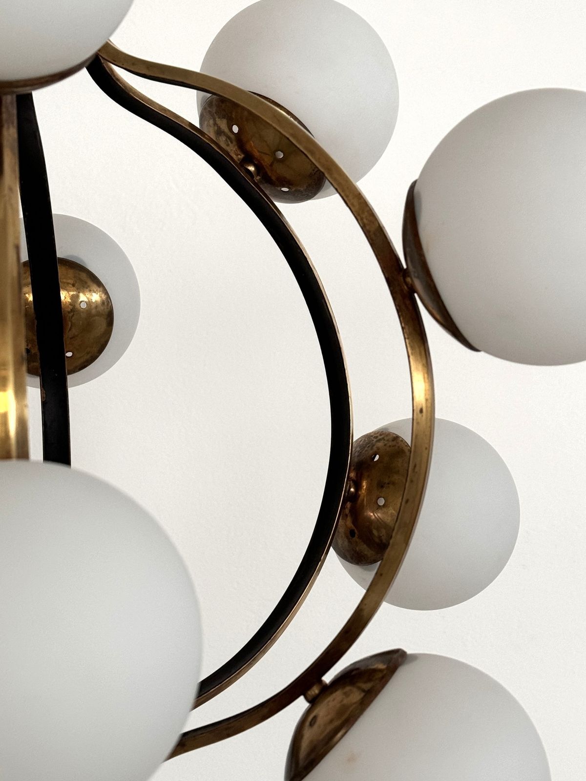photo for sale Stilnovo Italian Brass And Opaline Glass Chandelier, 1950s