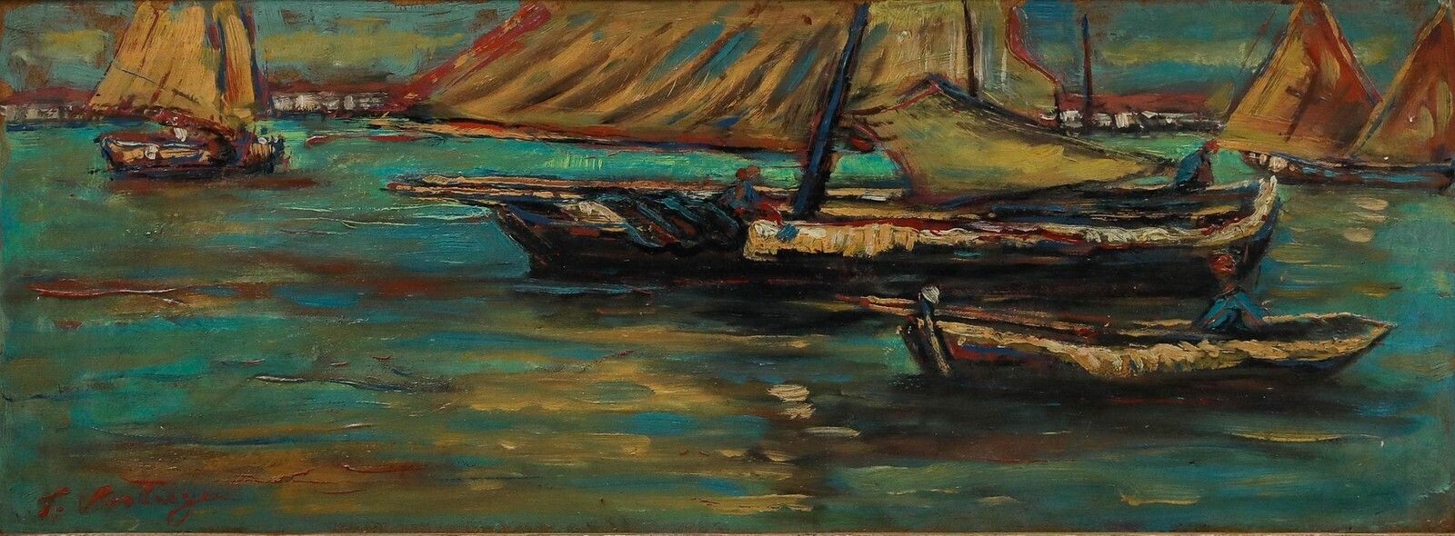 Framed 20th Century Oil   Boats At Sunset photo furniture
