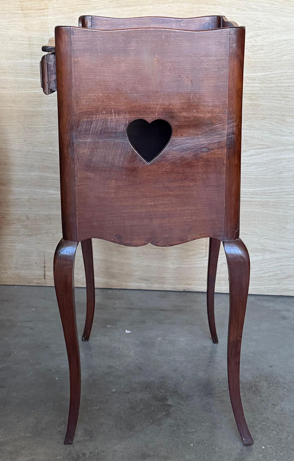 Pair Of French Walnut Bedside Tables With Heart Shaped Open Shelf / Three Drawers photo buy