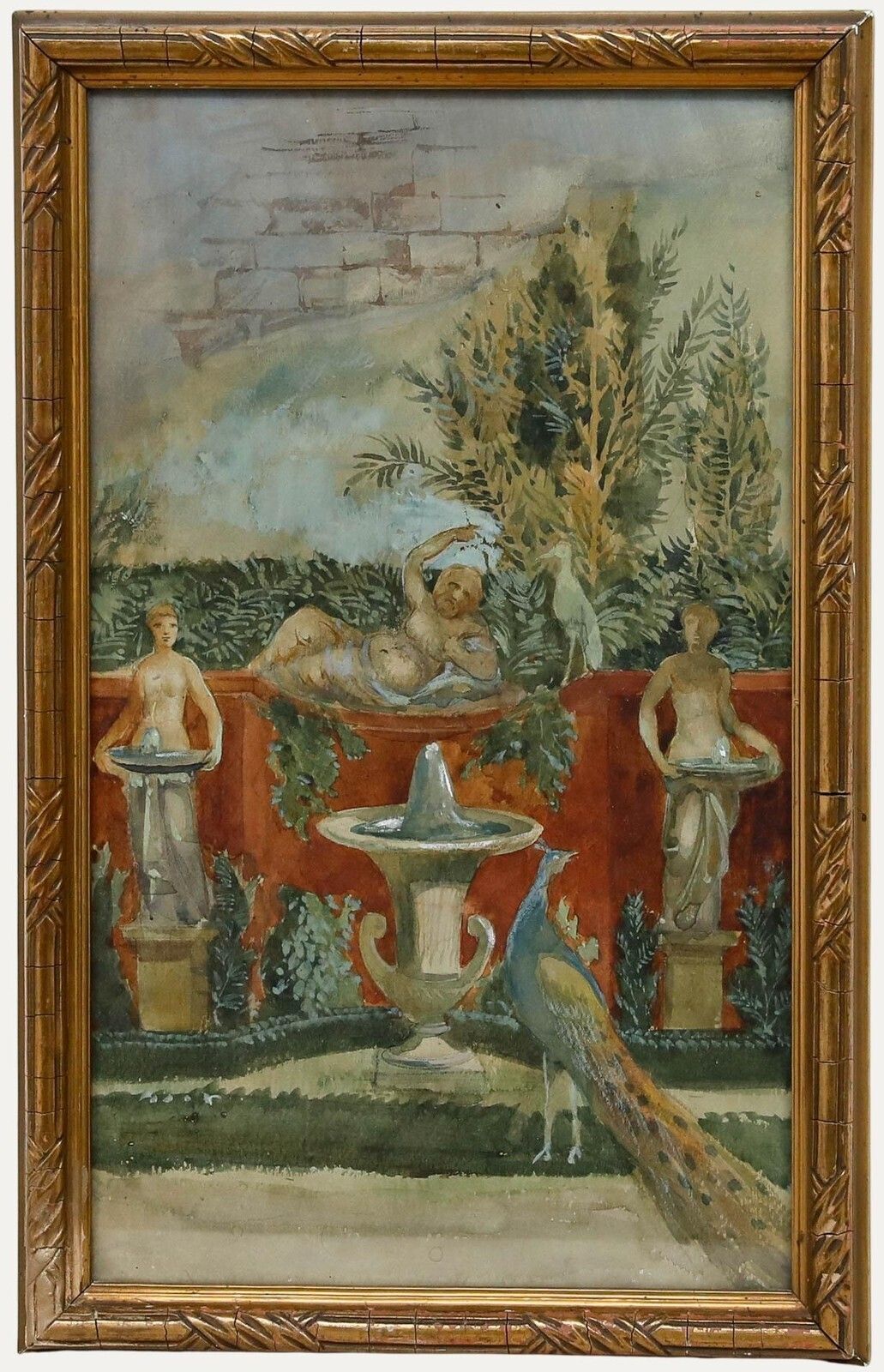Adolf Schill (1848 1911)   Late 19th Century Watercolour, Peacock And Fountain
