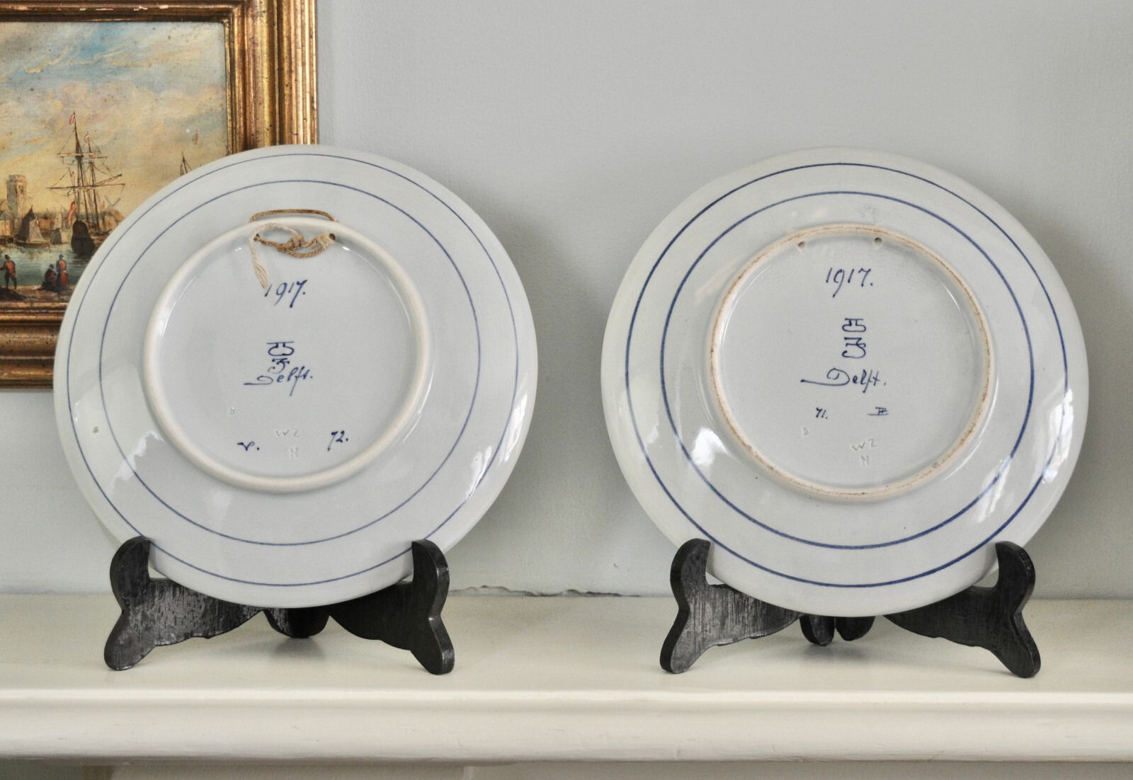 A Fine Pair Of 9" Royal Delft Hanging Pictured Plates, Date 1917, Hand Painted photo Art