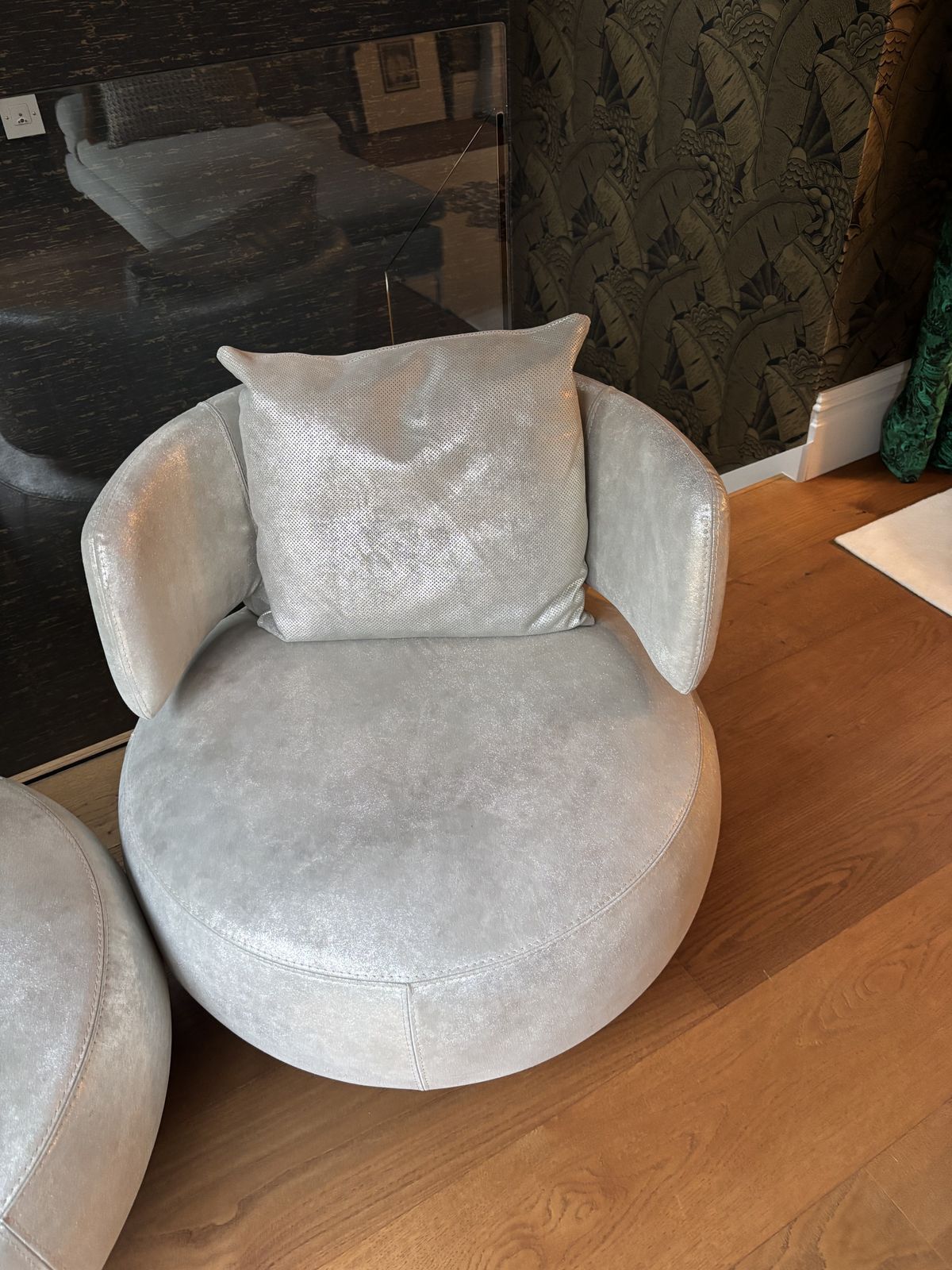 Pair Of Roche Bobois Swivel Lounge Chairs In Gold Beige Leather