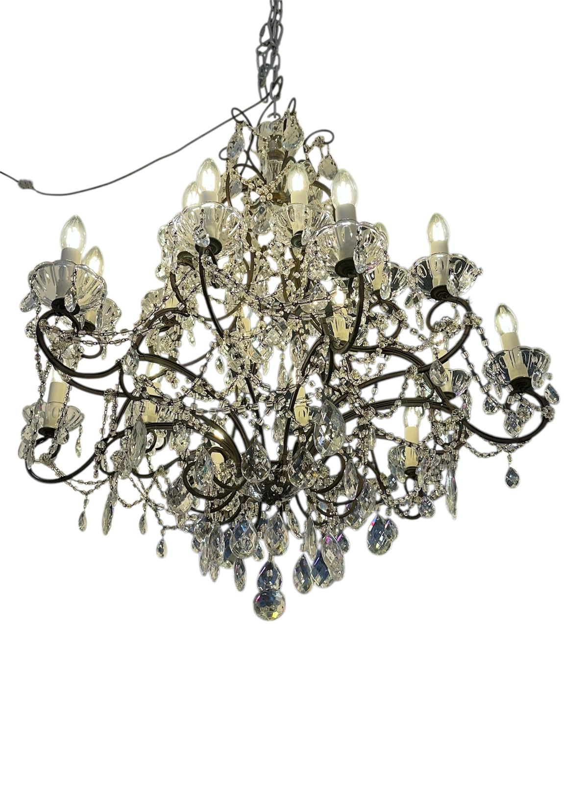 Italian 1920 30’s  Lead Crystal Drops Cage Shape  Florentine Chandelier photo for sale