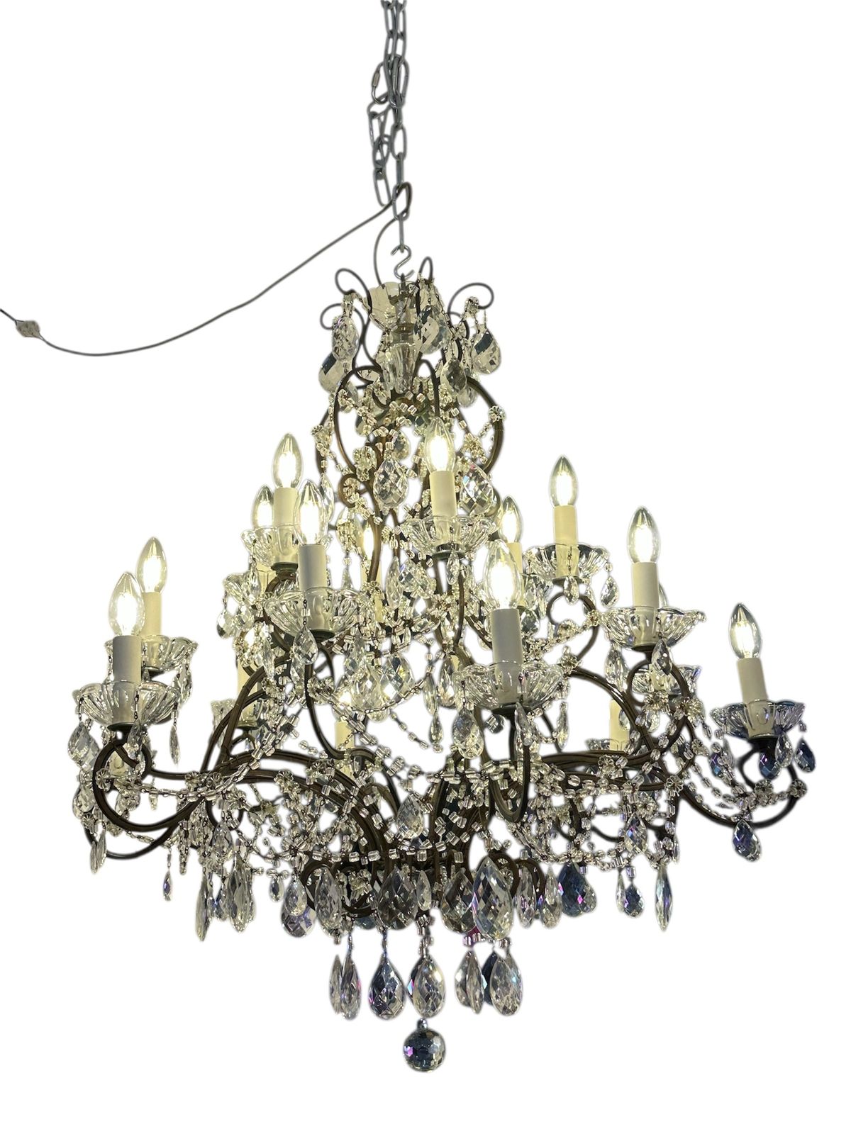 Italian 1920 30’s  Lead Crystal Drops Cage Shape  Florentine Chandelier photo vintage