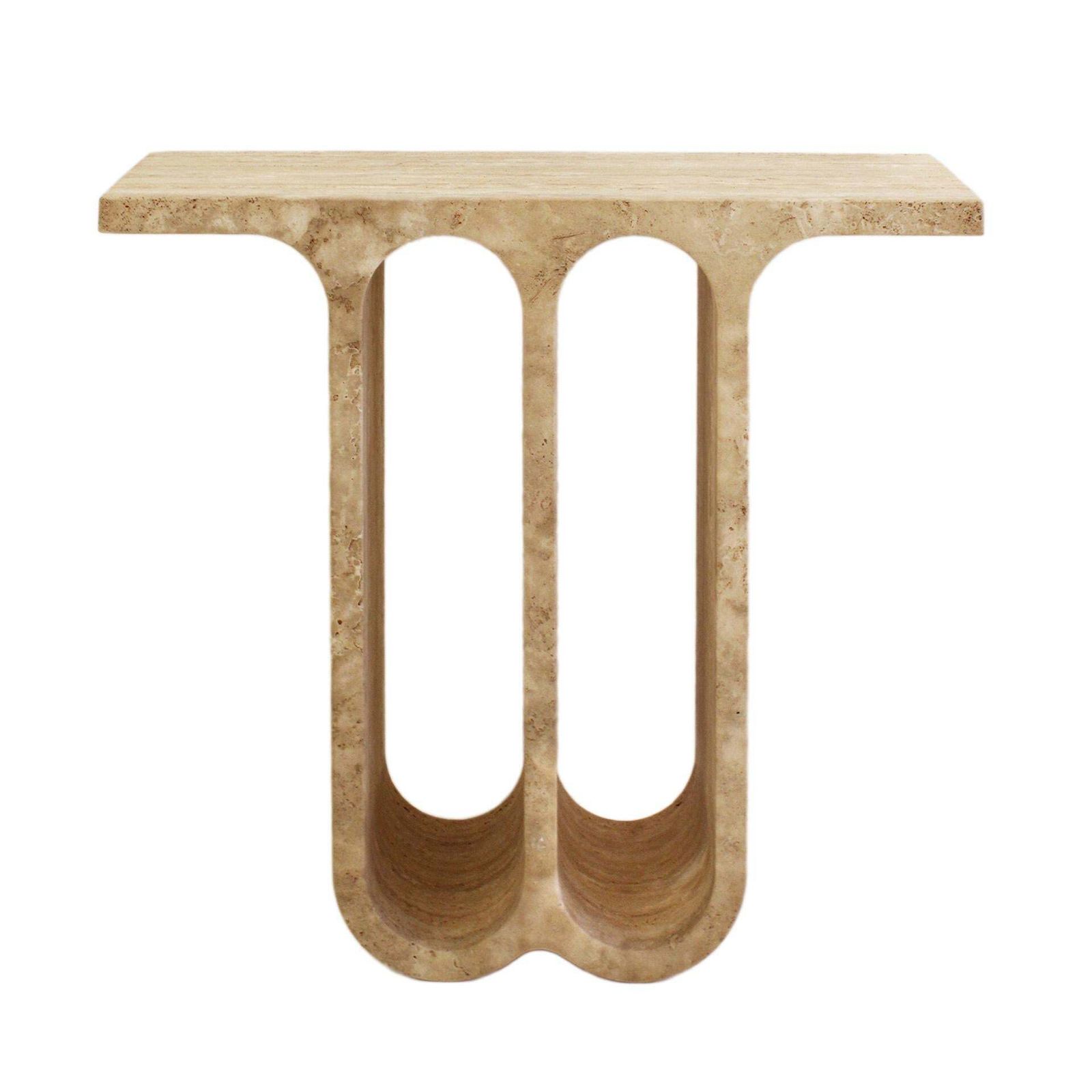 Modern Pair Of Italian Ivory Travertine Consoles With Semi Circular Arches photo for sale