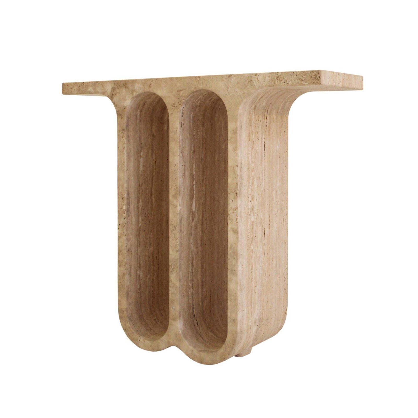 Modern Pair Of Italian Ivory Travertine Consoles With Semi Circular Arches photo Furniture
