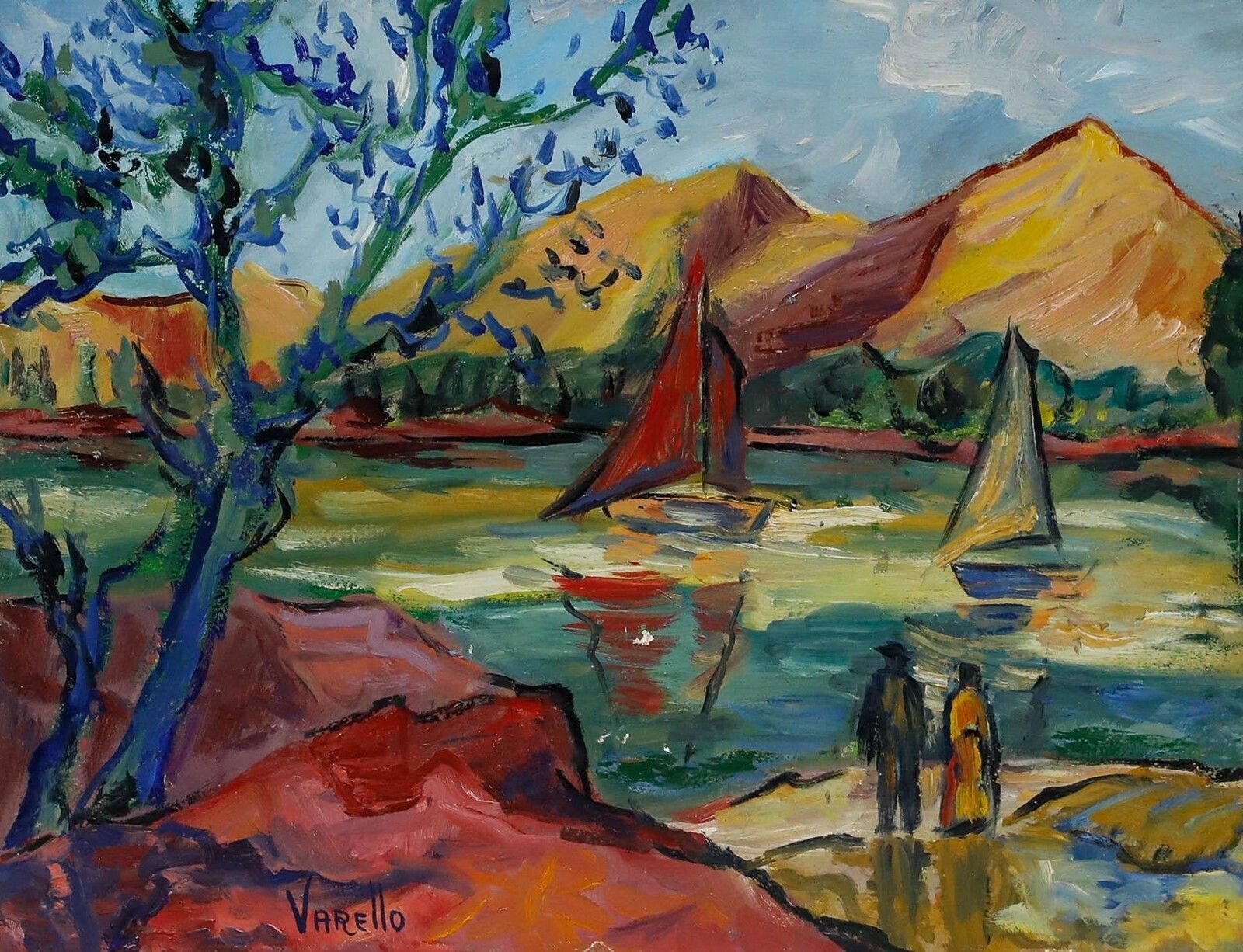 Varello   Postimpressionist 20th Century Oil, Sailing On The Lake photo furniture