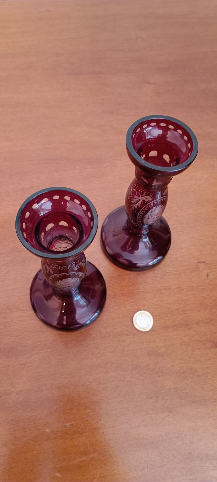 Bohemian Ruby Red Cut To Clear Crystal Vase & Matching Candle Holders – Hand Engraved Two Layer Glass photo Home Decor