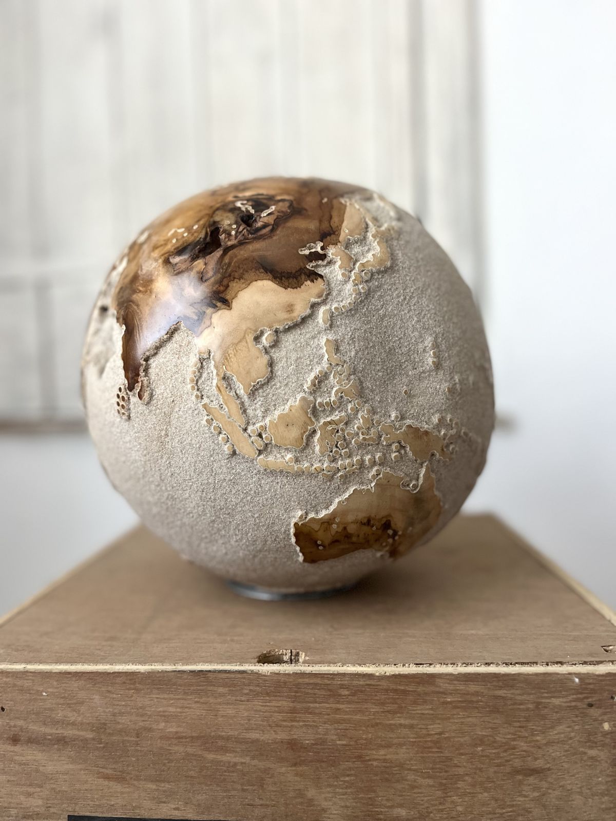 White Teak Wood & Volcanic Sand Globe 25 Cm By Bruno Helgen I D 091 Contemporary Wood Globe Sculpture photo Art