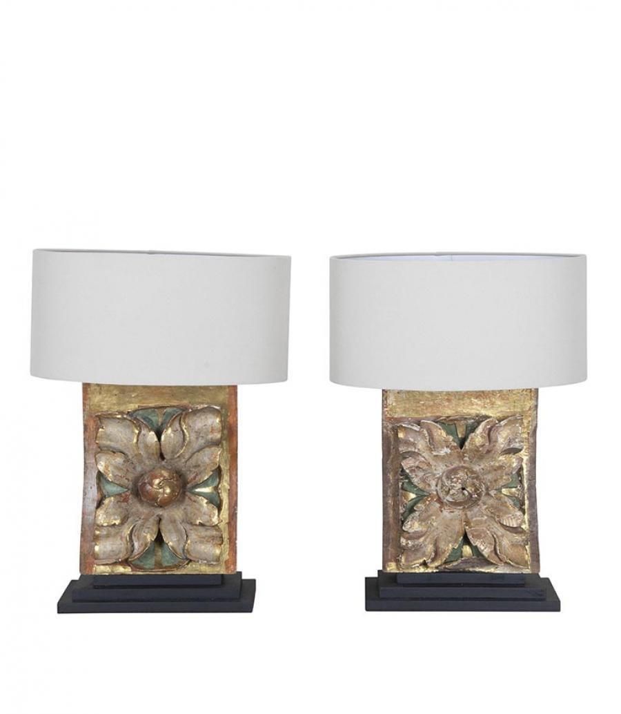 Pair Of Table Lamps Made From 17th Century Carved Wooden Fragments