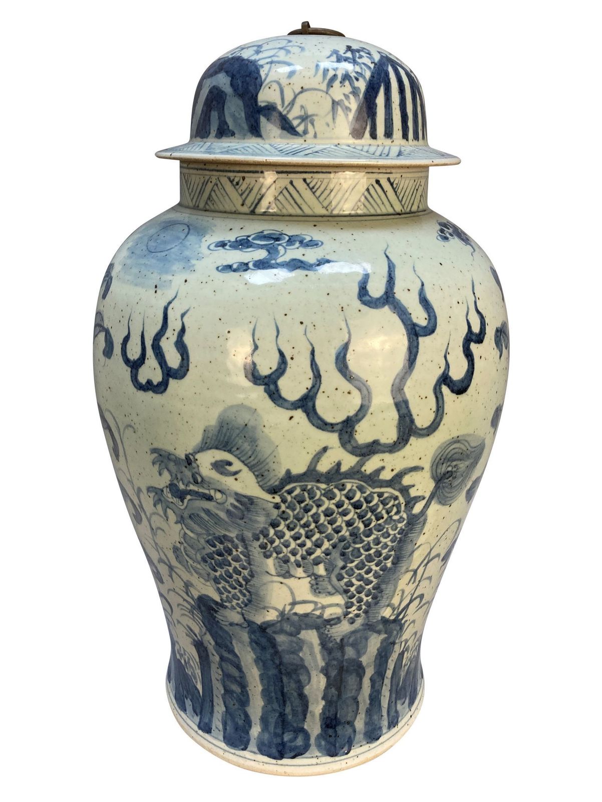 A Pair Of Large Chinese Blue & White Vases With Covers, Depicting Ferns photo for sale
