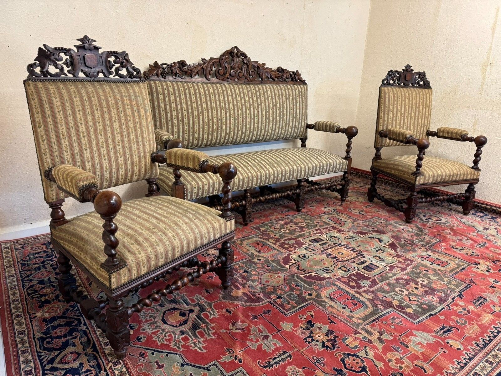 Quality Antique French Carved Oak Settee And Two Matching Armchairs Circa 1900 photo Furniture