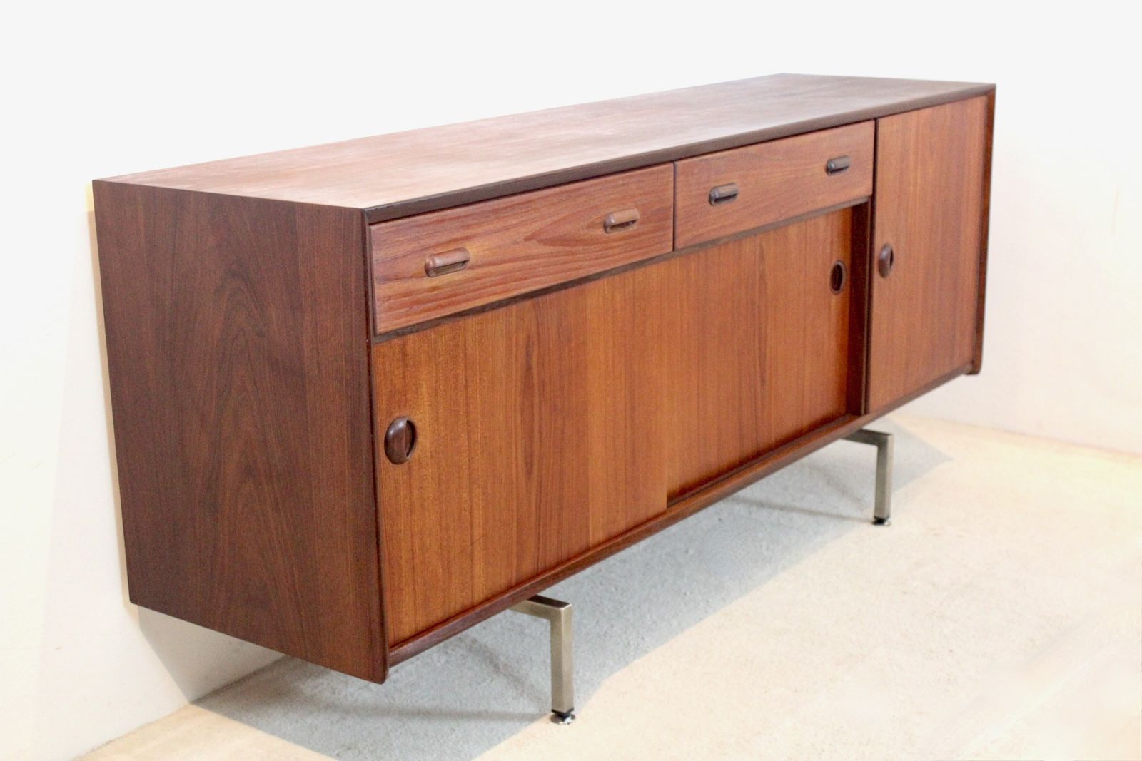 Mid Century Belgian Sideboard In Teak With Sculpted Handles And Steel Legs, 1960s photo buy