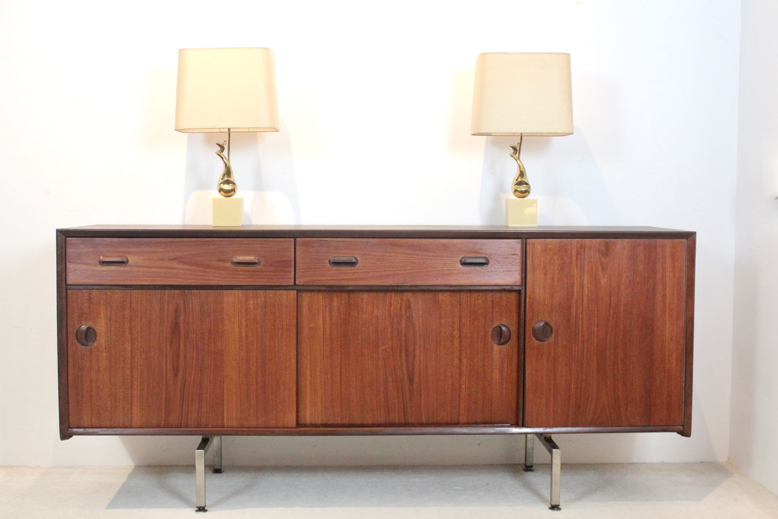Furniture Mid Century Belgian Sideboard In Teak With Sculpted Handles And Steel Legs, 1960s photo
