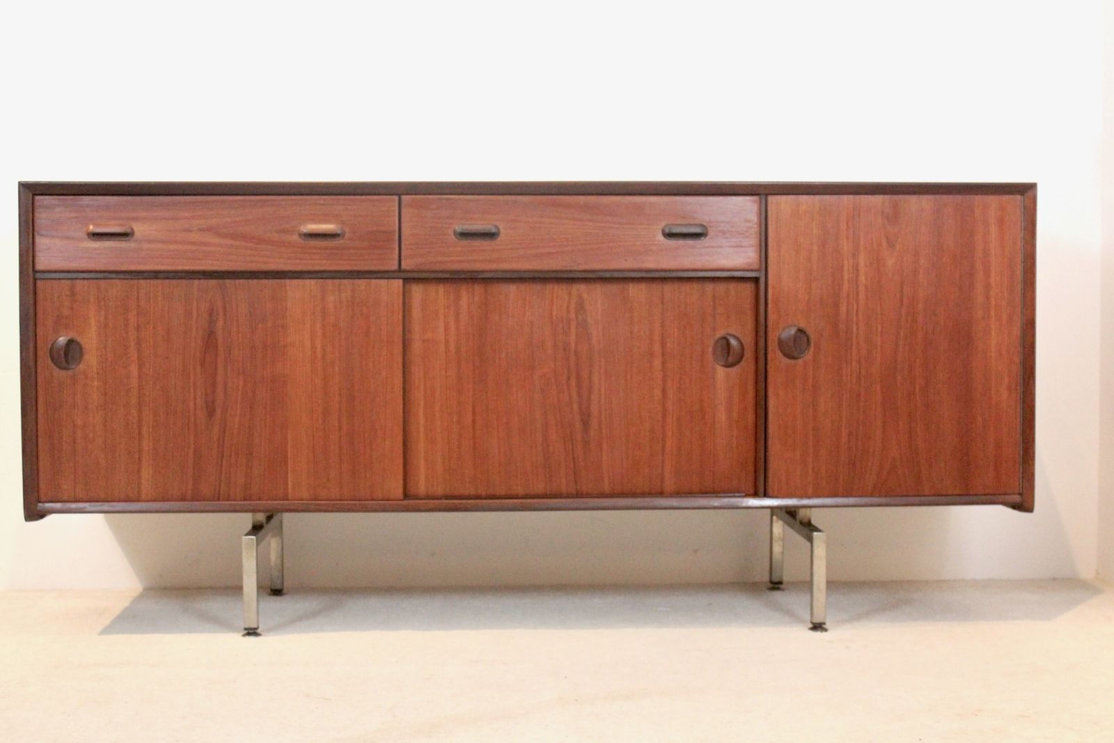 3728.0 Mid Century Belgian Sideboard In Teak With Sculpted Handles And Steel Legs, 1960s photo