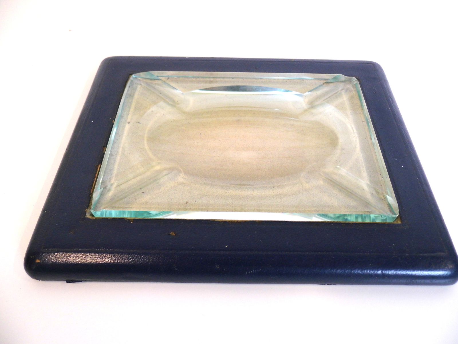 Vintage Italian Desk Top Fontana Arte 1960s Ashtray Glass And Faux Leather