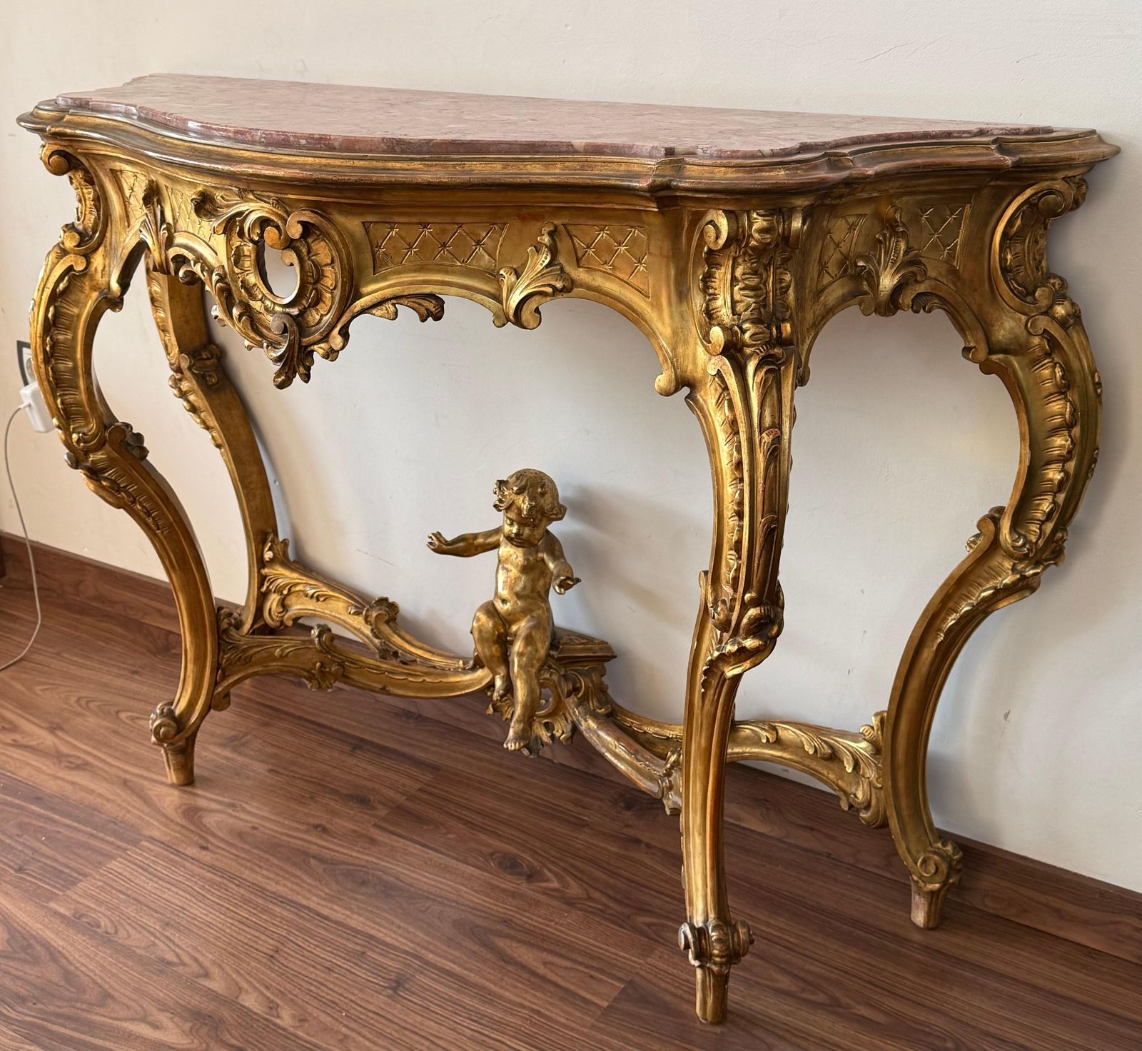 19th Baroque Carved & Gilted Walnut Ormolu With Marble Console Table And Cherub photo vinterior