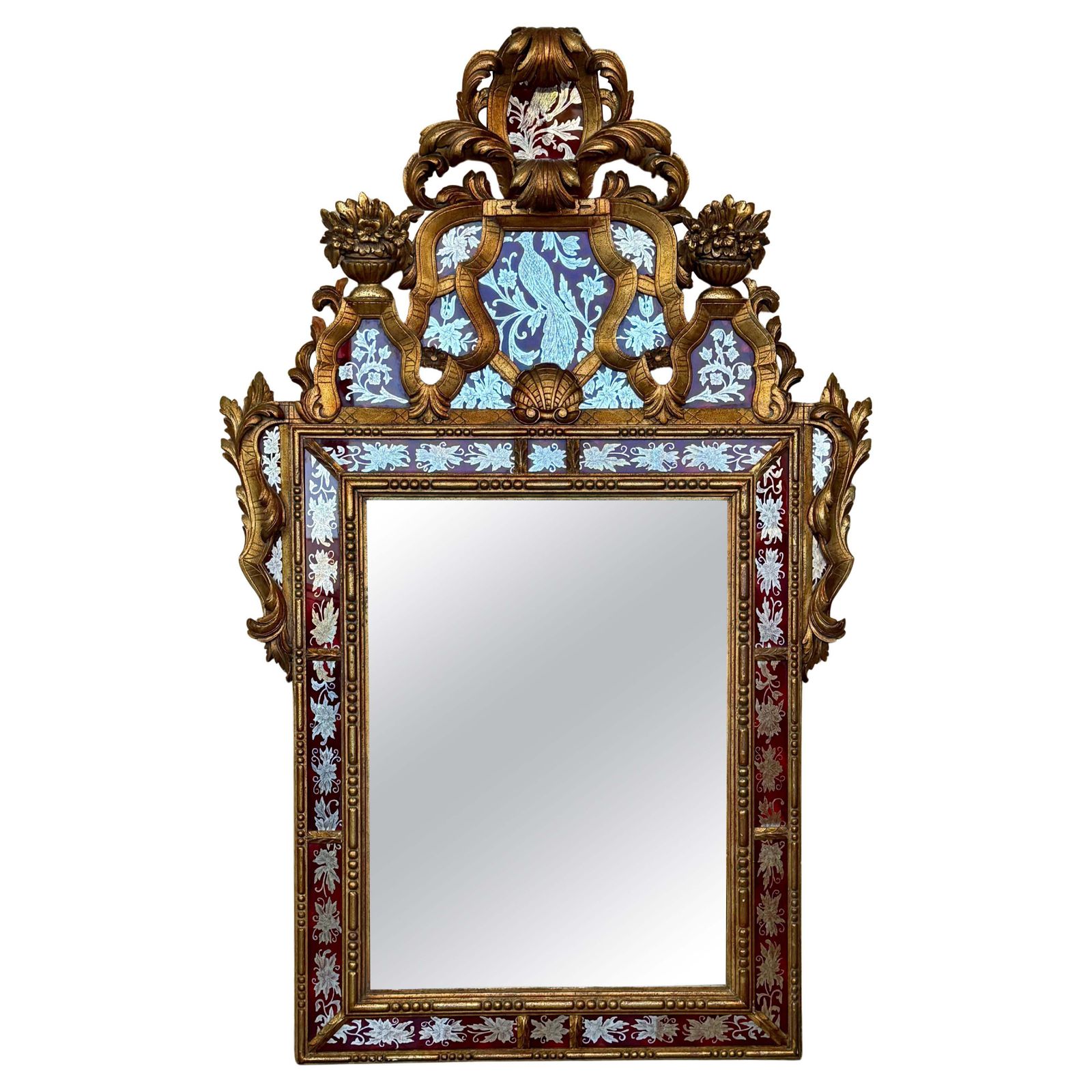 Venetian Style Carved Wood Gilted Mirror With Red Glass Border