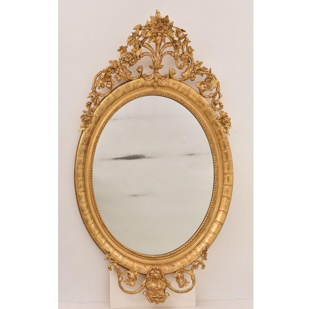 Large Antique Oval Mirror With Gilt Frames, Flowers And Scollutes,  Frame, 19th Century. (Spo198)