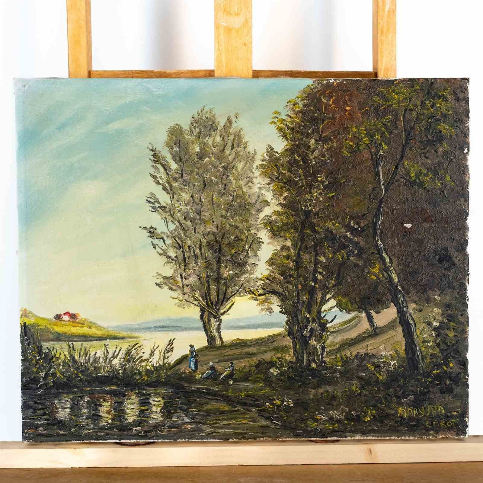 Resting By The Shore   French Oil On Canvas