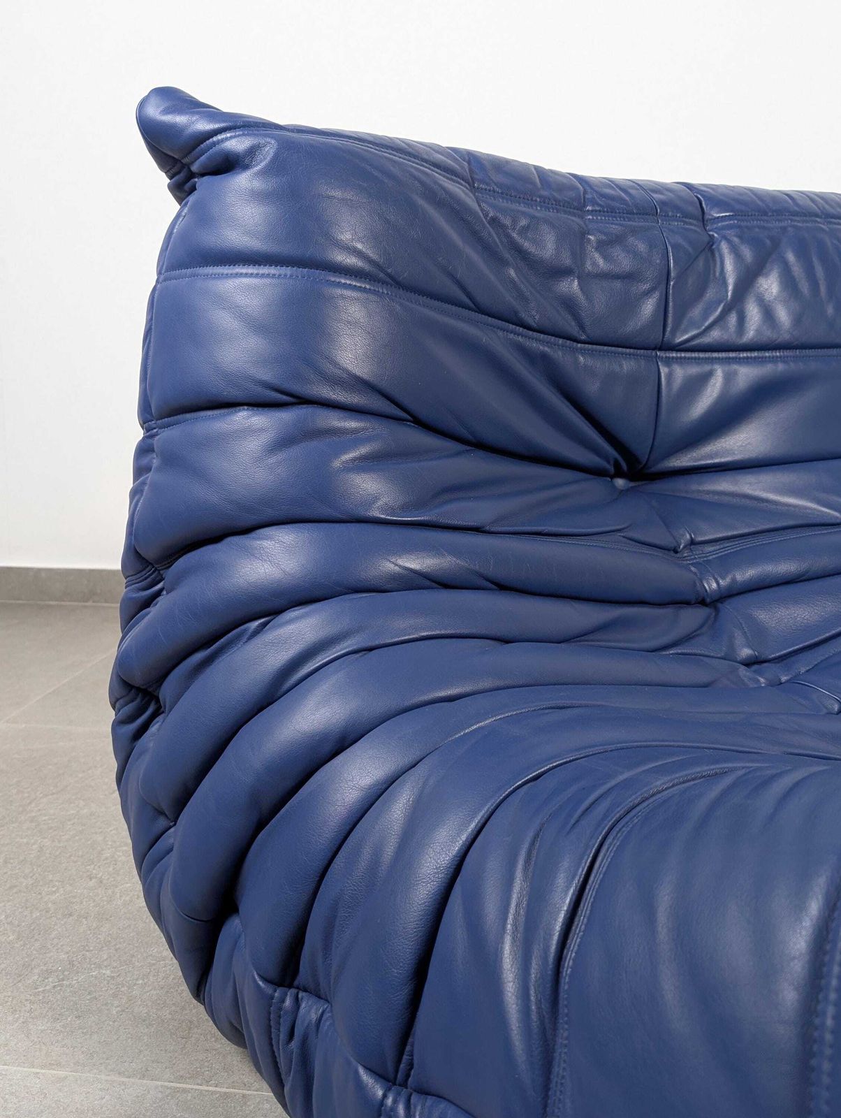 Michel Ducaroy Togo Two Seater Sofa, Blue Leather, Ligne Roset, France, 1980s photo furniture