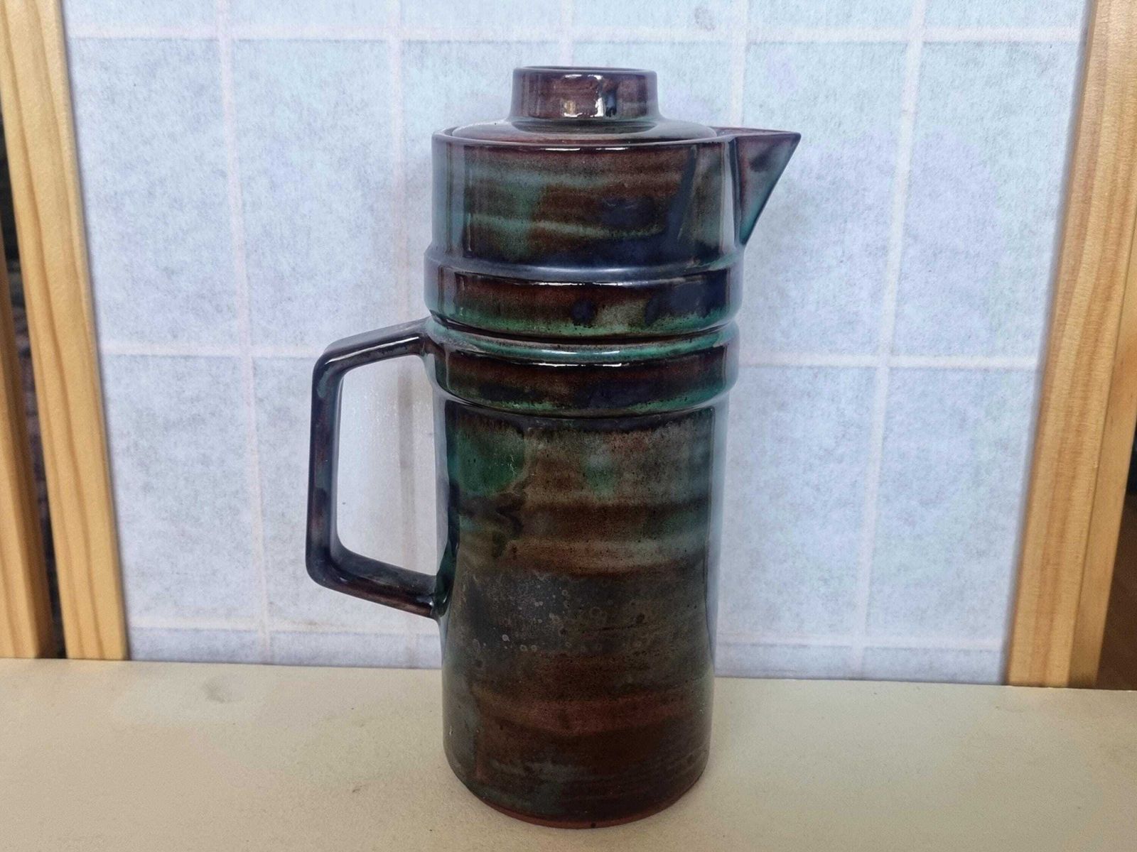 photo furniture Studio Pottery Coffee Pot, Llangollen Wales Ceramic Pitcher, Mid Century Glazed Stoneware, Handcrafted Artisan Decor