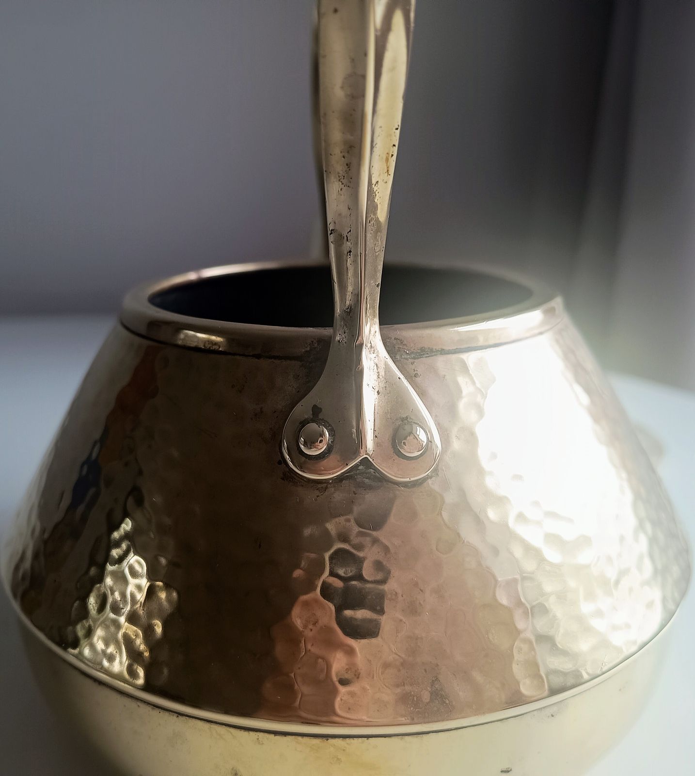 145.0 Arts & Crafts Hand Hammered Tea Pot Kettle, Riveted Heart Shaped Accents, Henry Loveridge Signed photo