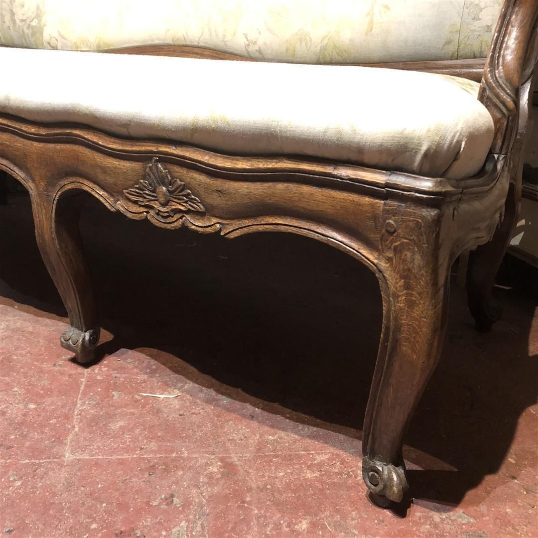 Antique French Oak Framed Settee With Wooden Arms C.1860 photo furniture
