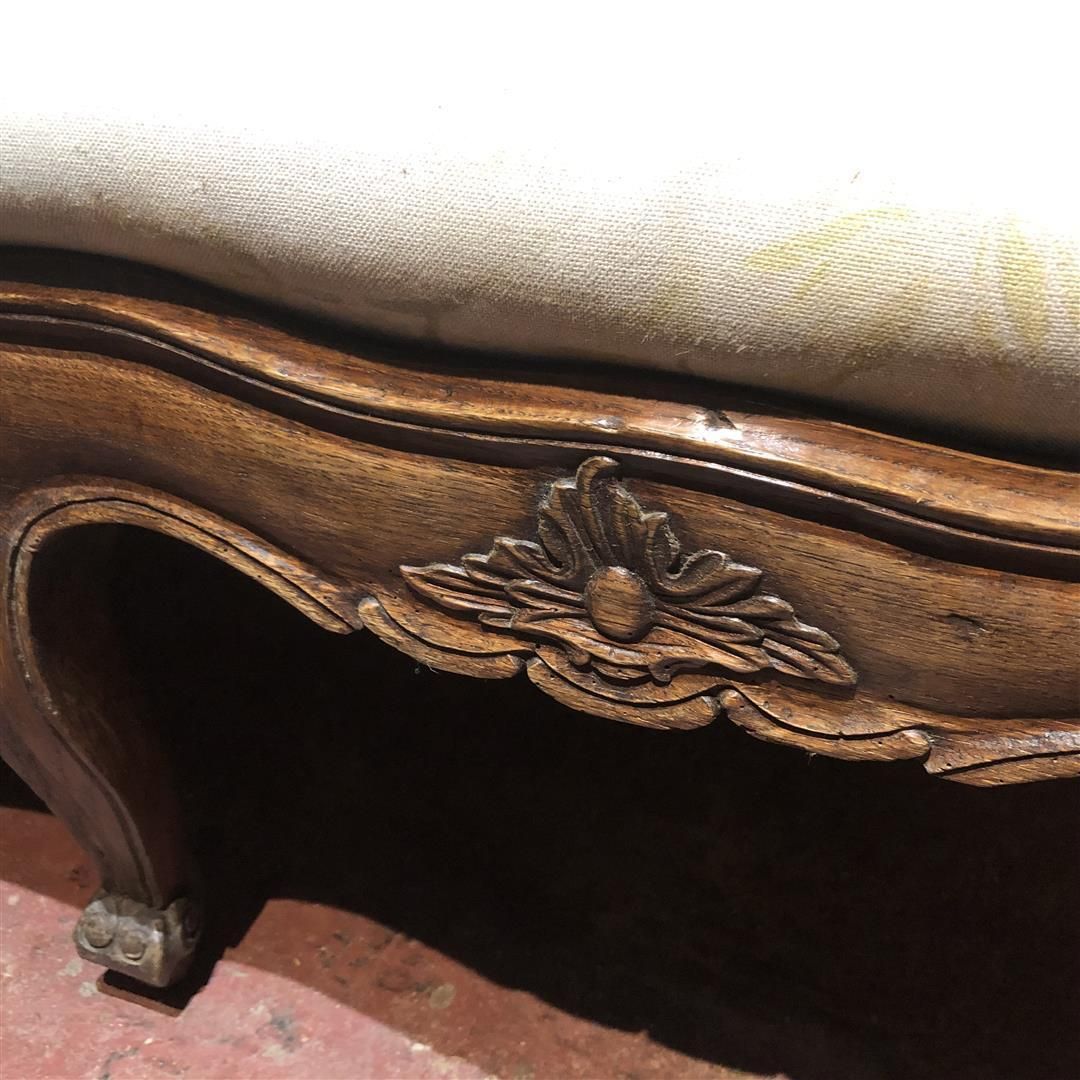 Antique French Oak Framed Settee With Wooden Arms C.1860 photo for sale