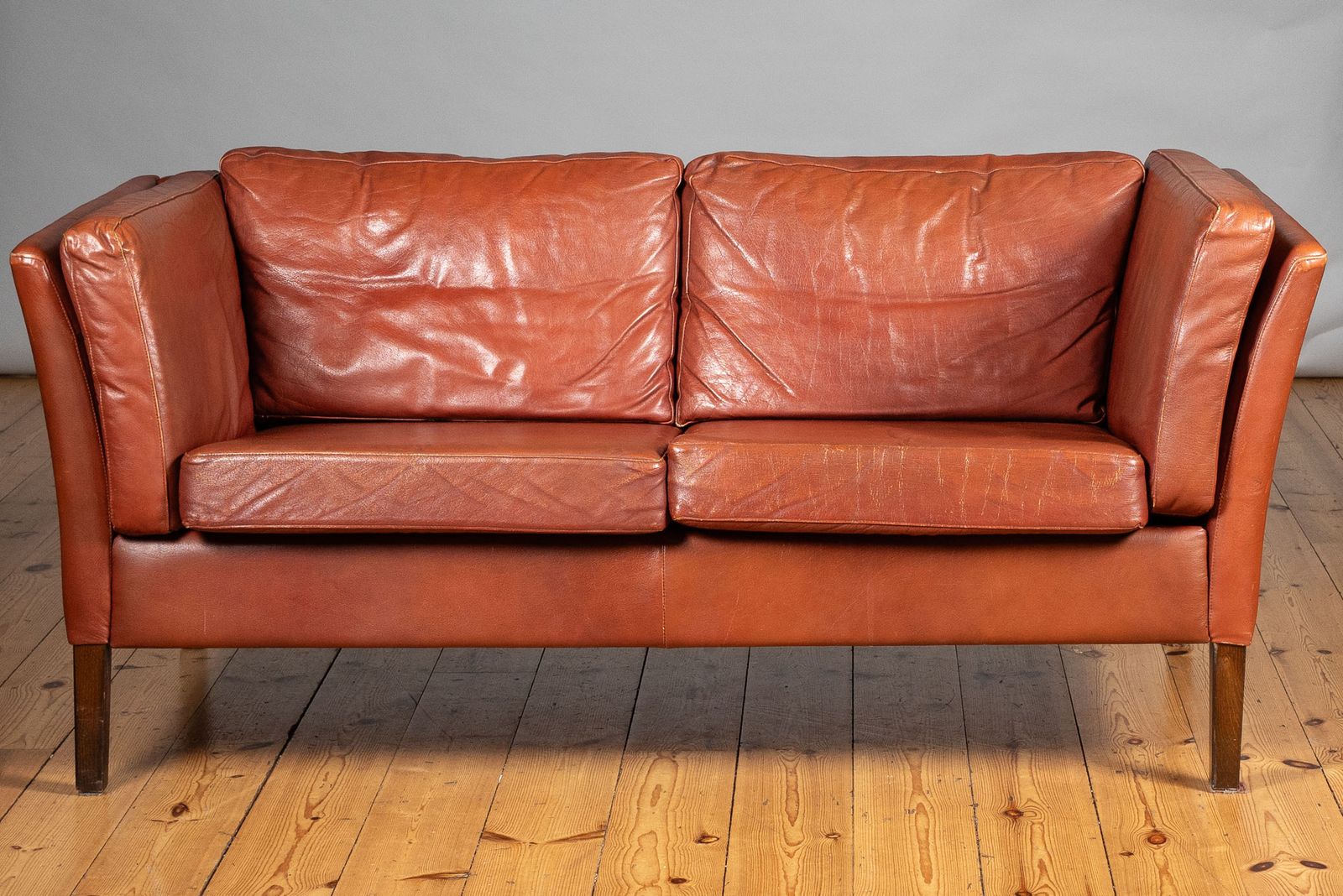 Mid Century Danish Brown Leather Two Seater Sofa In The Style Of Borge Mogensen photo for sale