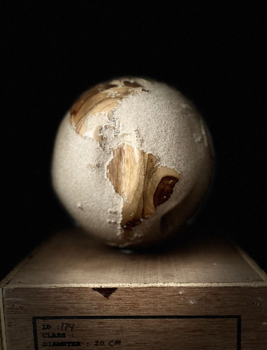 White Teak Wood & Volcanic Sand Globe By Bruno Helgen  Id 174  Wood Globe Sculpture photo furniture