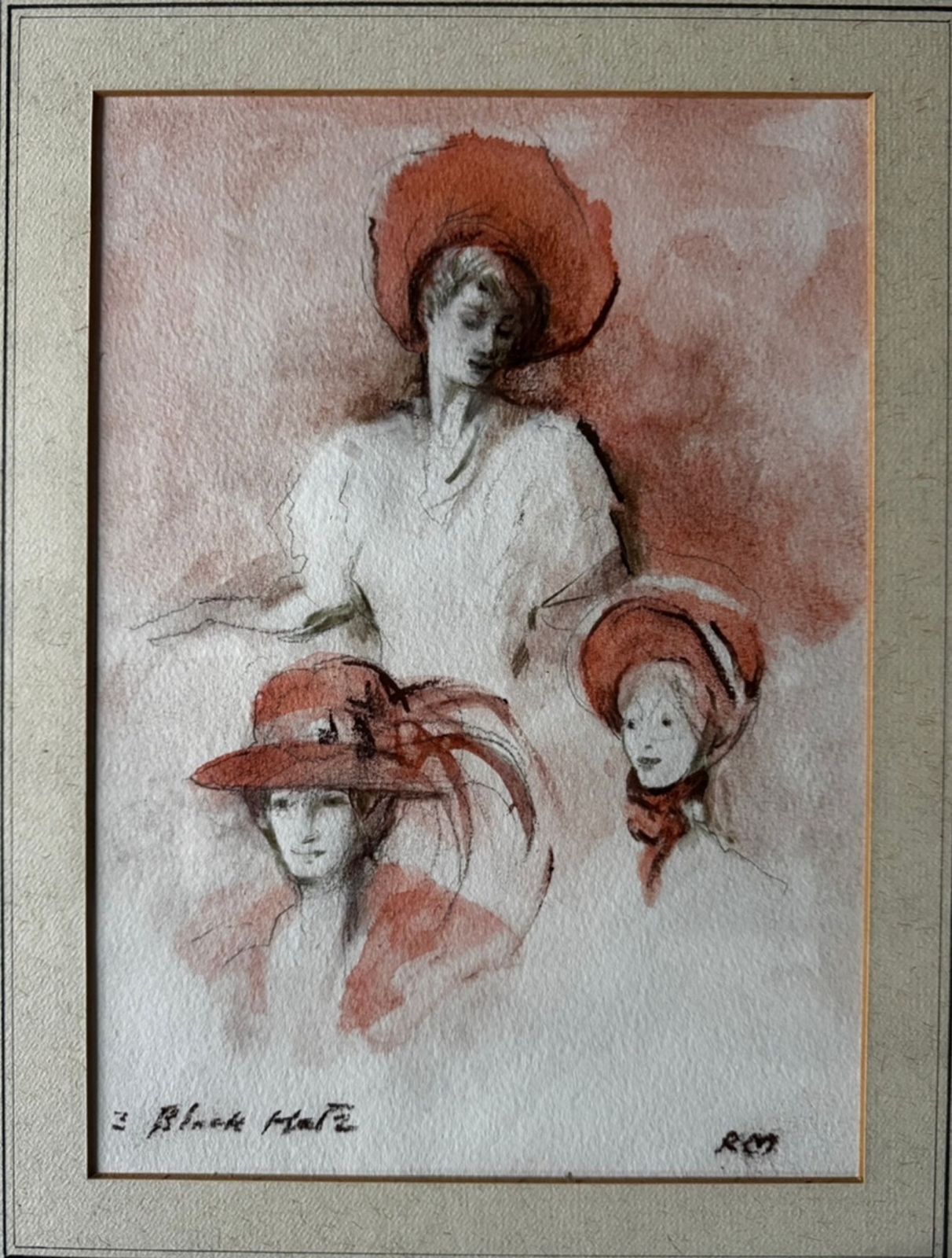 Raoul Millais (1901–1999), Three Black Hats – Watercolour photo furniture