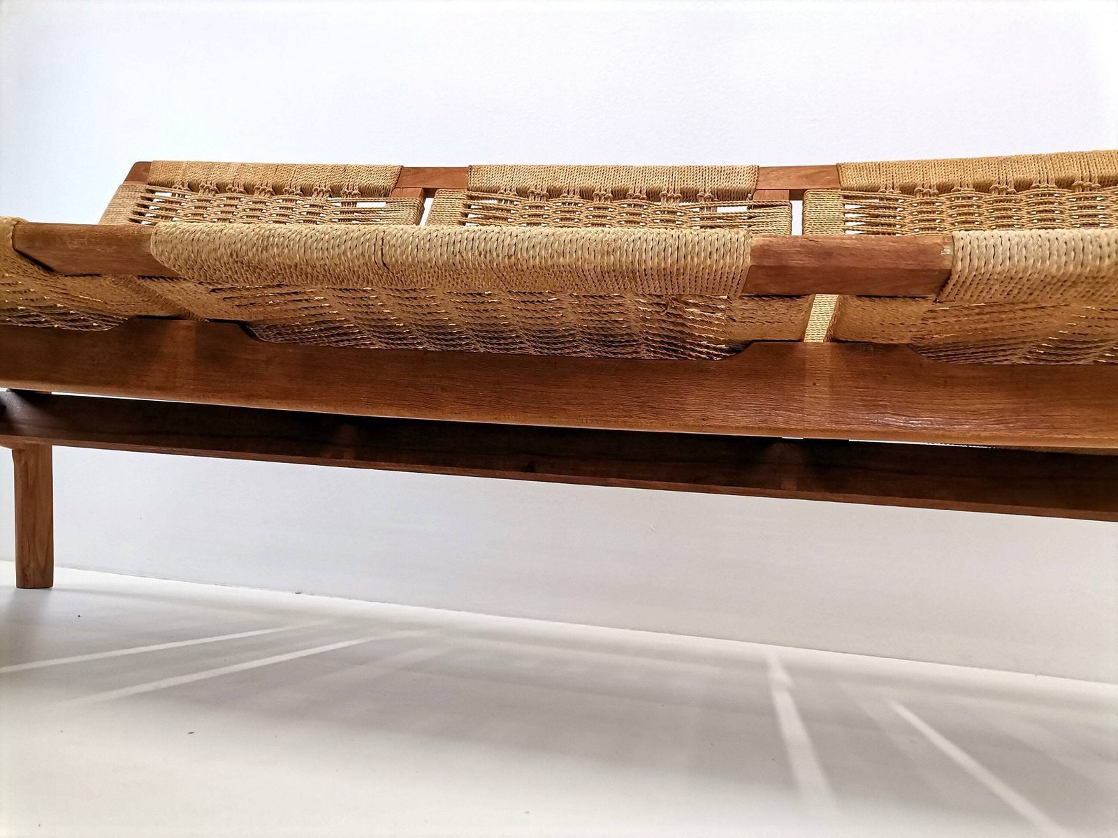 Hans Wegner Style Bench With Armrests / Vintage Woven Rope Bench / 1960s 1970s Mid Century Modern photo vintage