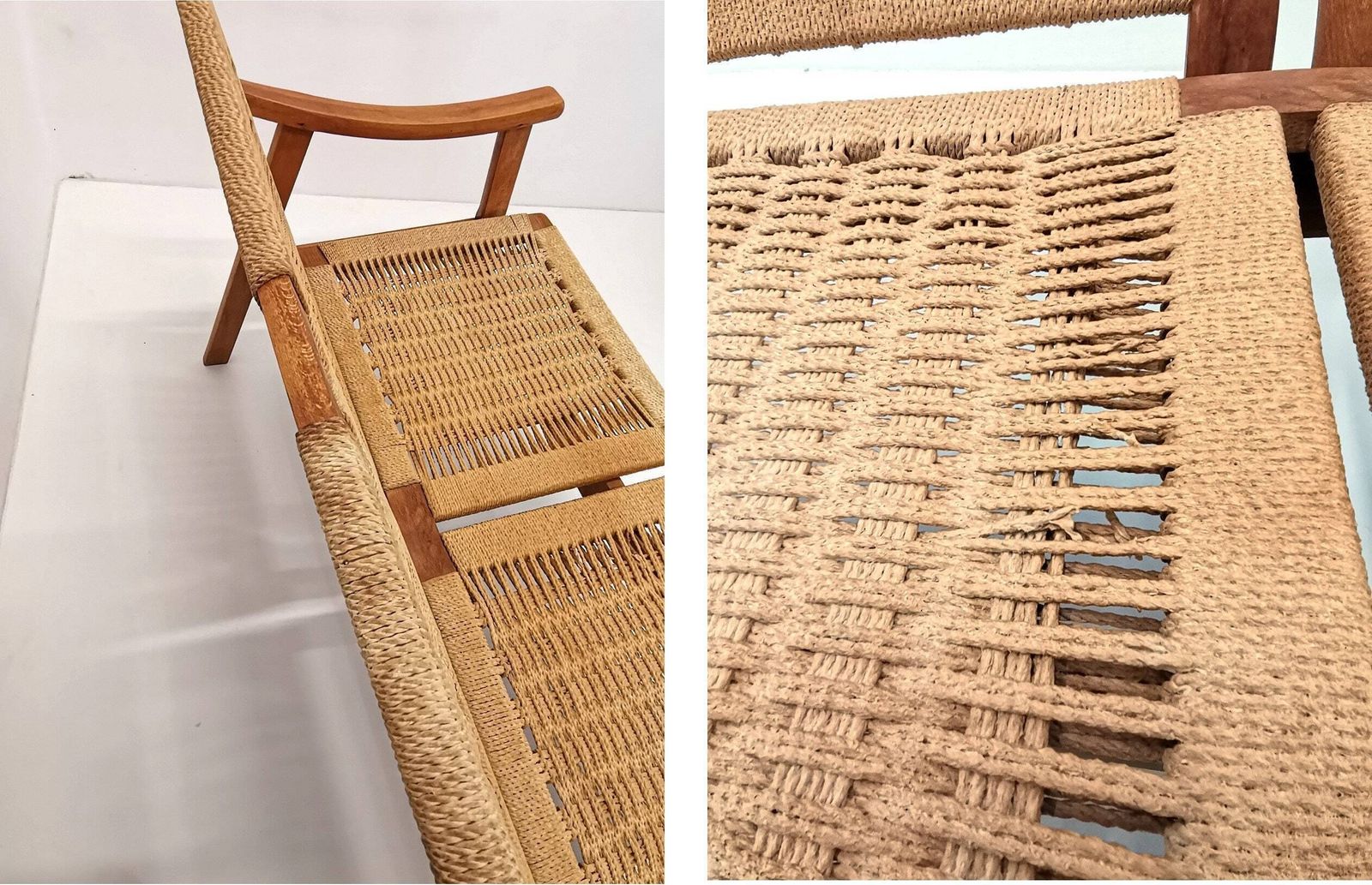 photo furniture Hans Wegner Style Bench With Armrests / Vintage Woven Rope Bench / 1960s 1970s Mid Century Modern