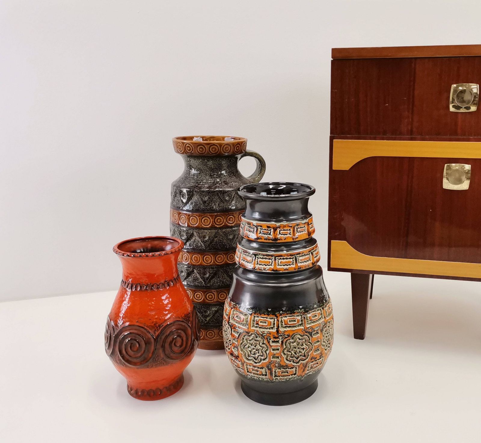 photo for sale Mid Century Glazed Vase With Relief Carved Pattern / Vintage Vase By U Keramik   Uebelacker Keramik / West German Pottery