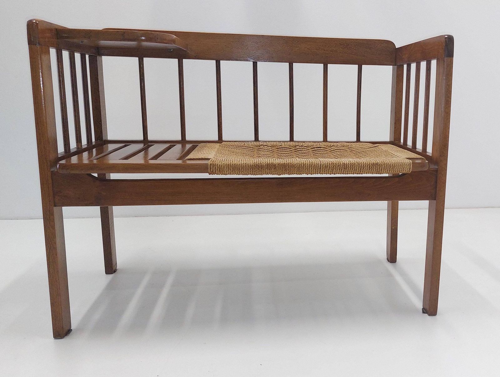 Hans Wegner Style Bench / Vintage Woven Rope Telephone Bench / 1960s 1970s Mid Century Modern photo vinterior