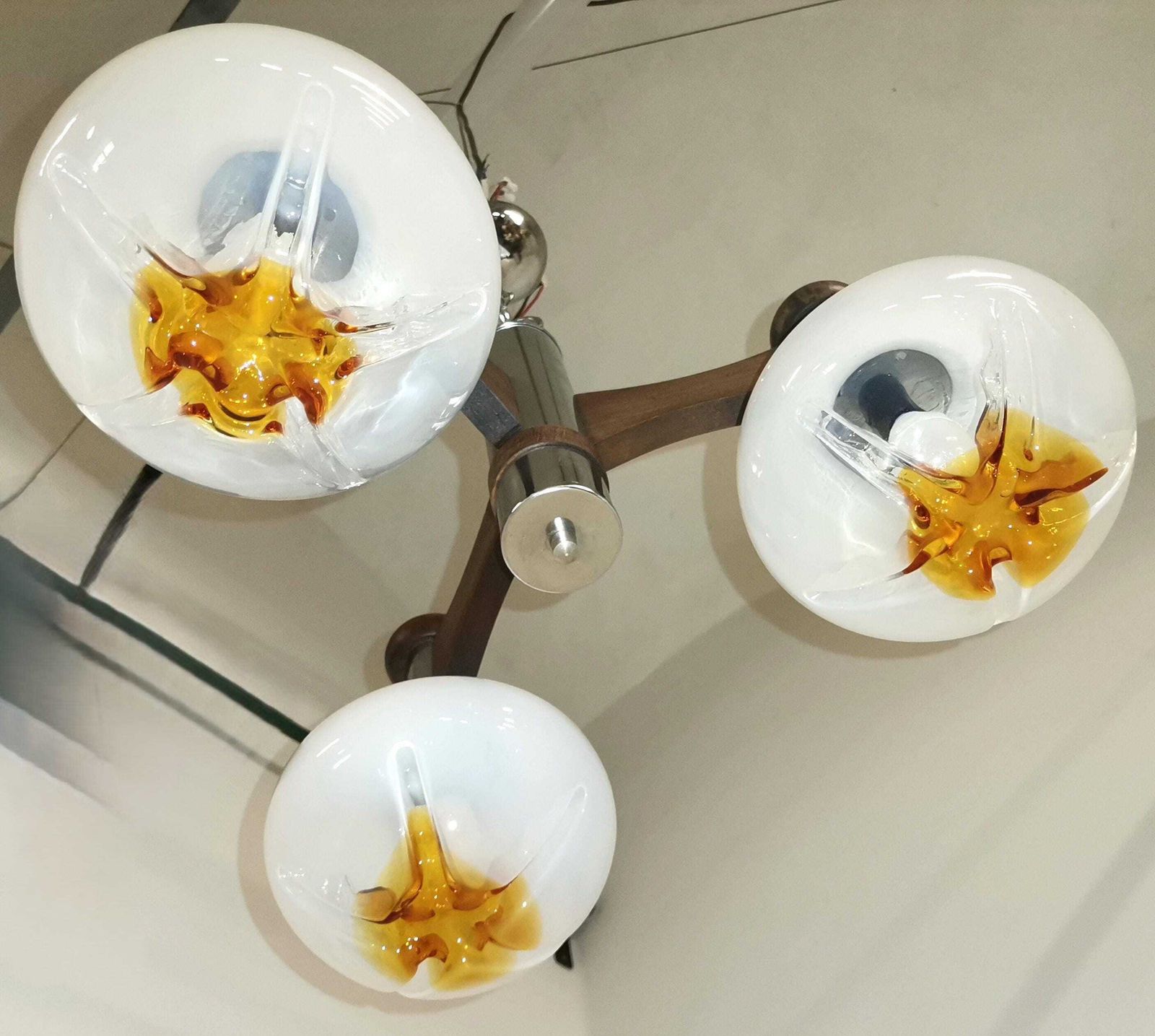 Large Three Arm Mazzega Style Murano Pendant Light / Murano Chandelier With Chrome And Wood / 60s Italy photo furniture