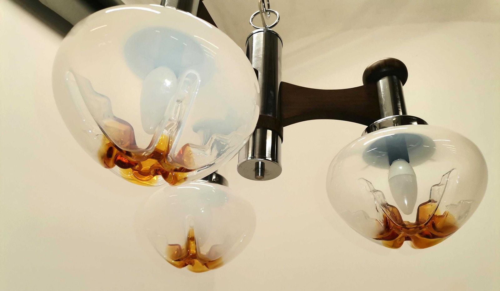 Large Three Arm Mazzega Style Murano Pendant Light / Murano Chandelier With Chrome And Wood / 60s Italy photo Lighting