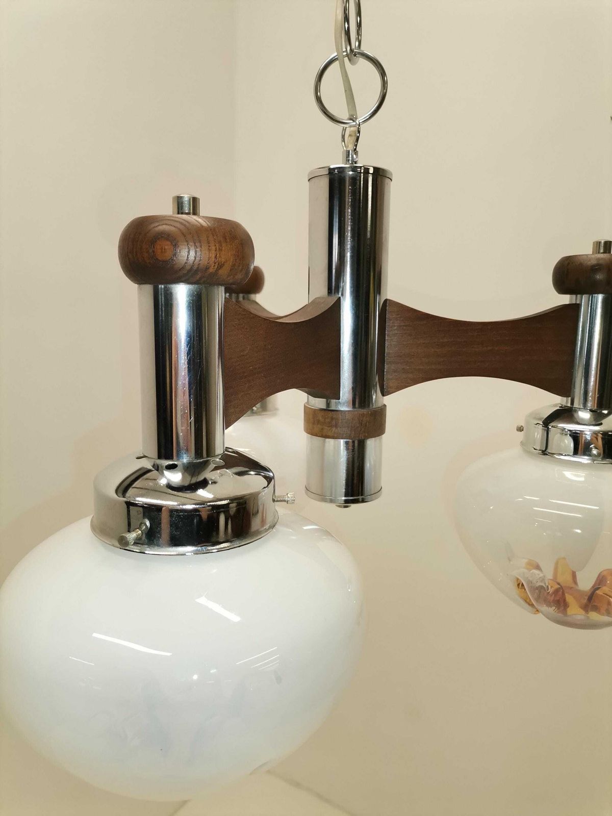 Large Three Arm Mazzega Style Murano Pendant Light / Murano Chandelier With Chrome And Wood / 60s Italy photo vinterior