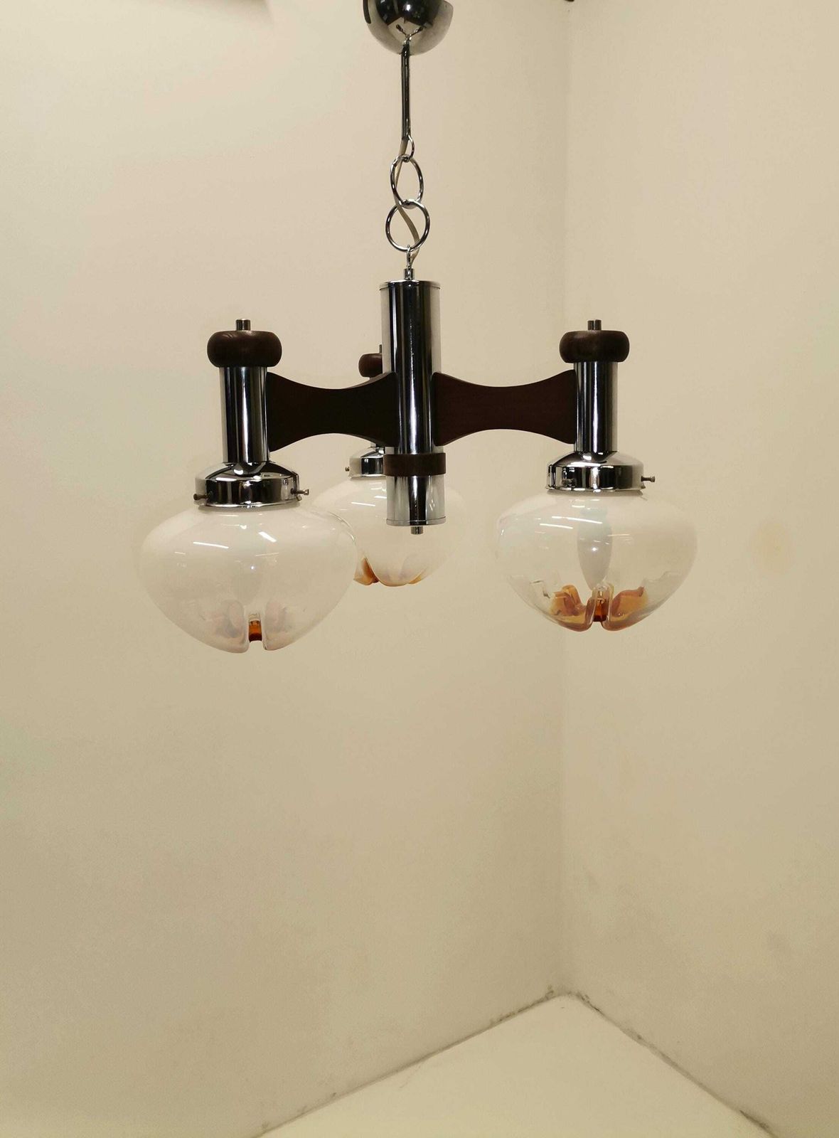 photo furniture Large Three Arm Mazzega Style Murano Pendant Light / Murano Chandelier With Chrome And Wood / 60s Italy