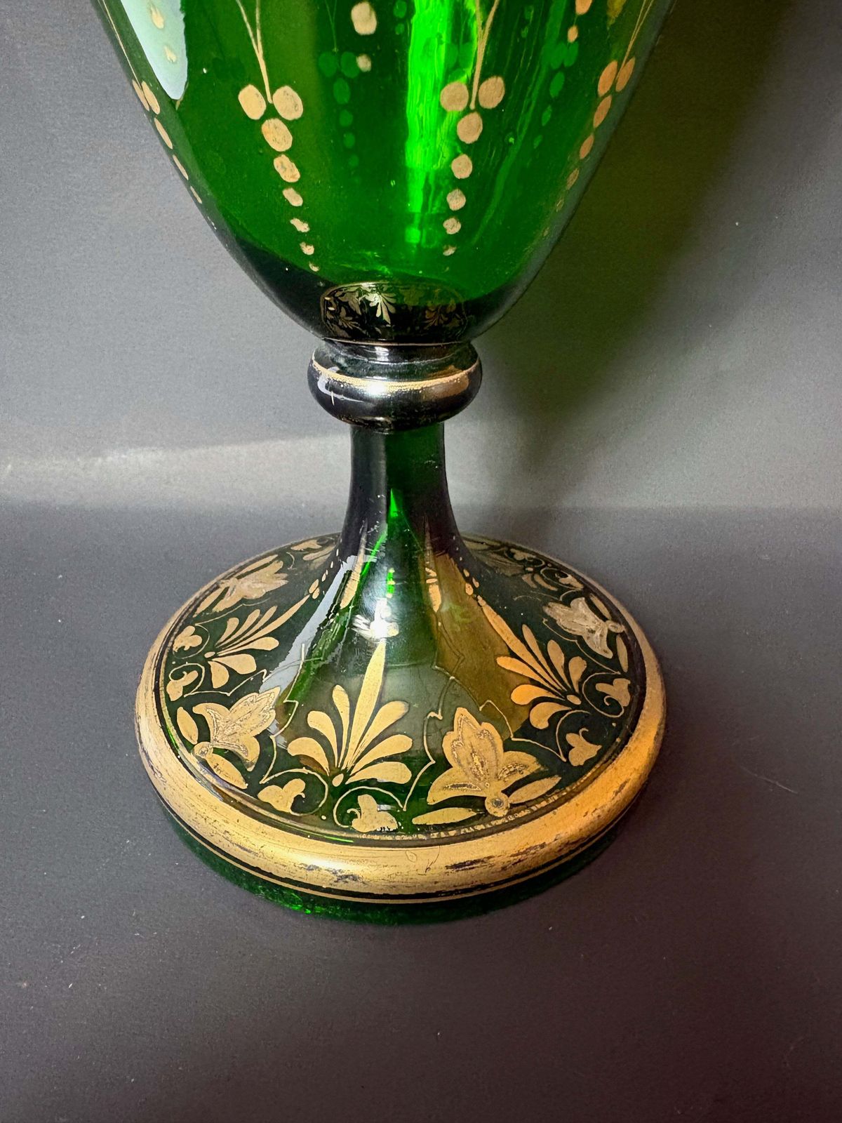 Late 19th‑Century Bohemian Gilt Green Glass Pedestal Vase, C.1880–1900, 32 Cm photo furniture
