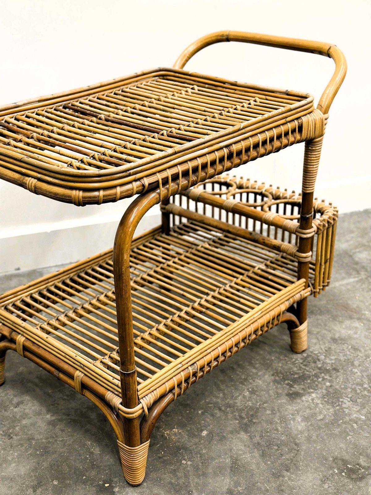 Furniture Vintage Italian Rattan Bar Cart With Bottle Holder, 1970s photo
