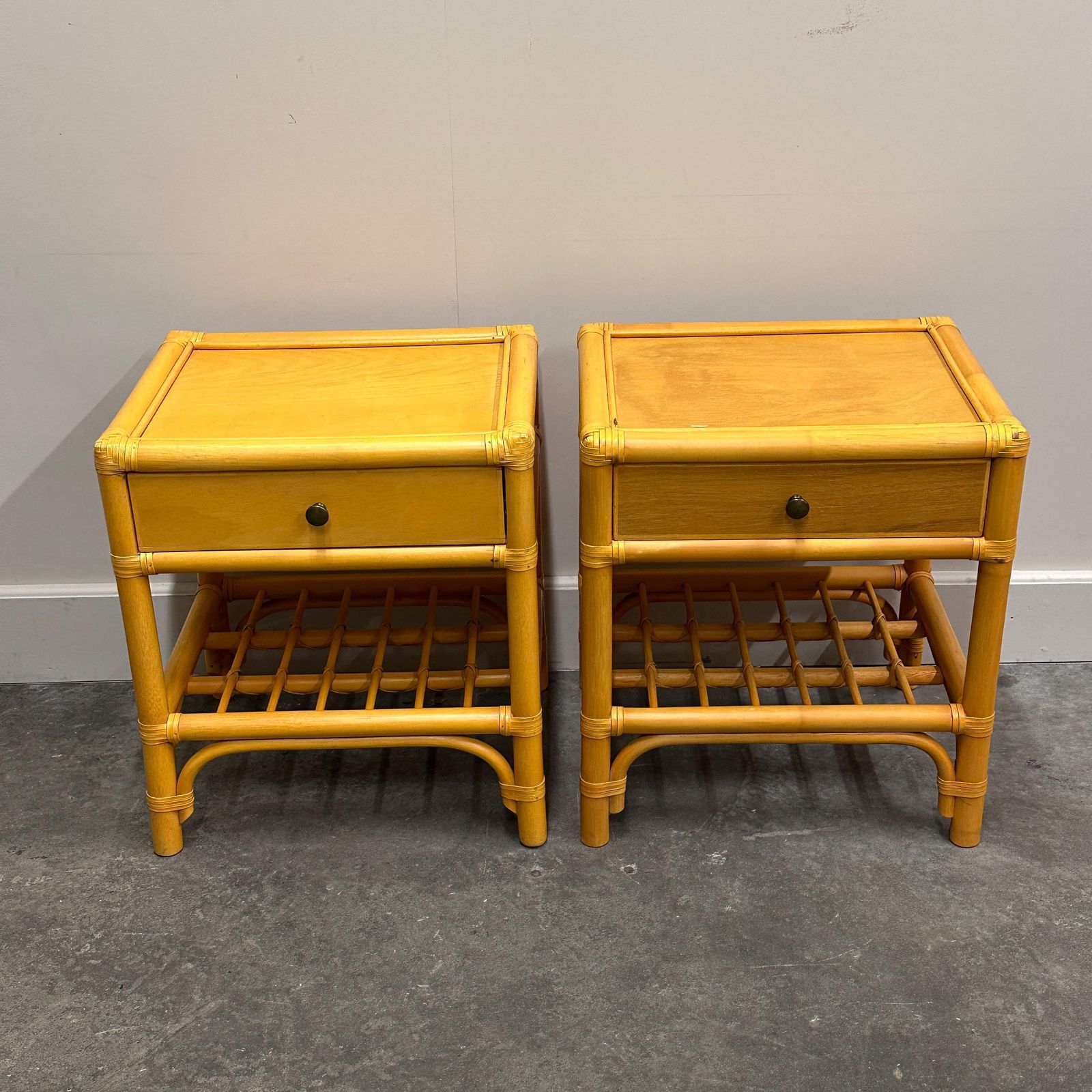 Pair Of Vintage Bamboo & Wood Nightstands With Drawer, 1970s