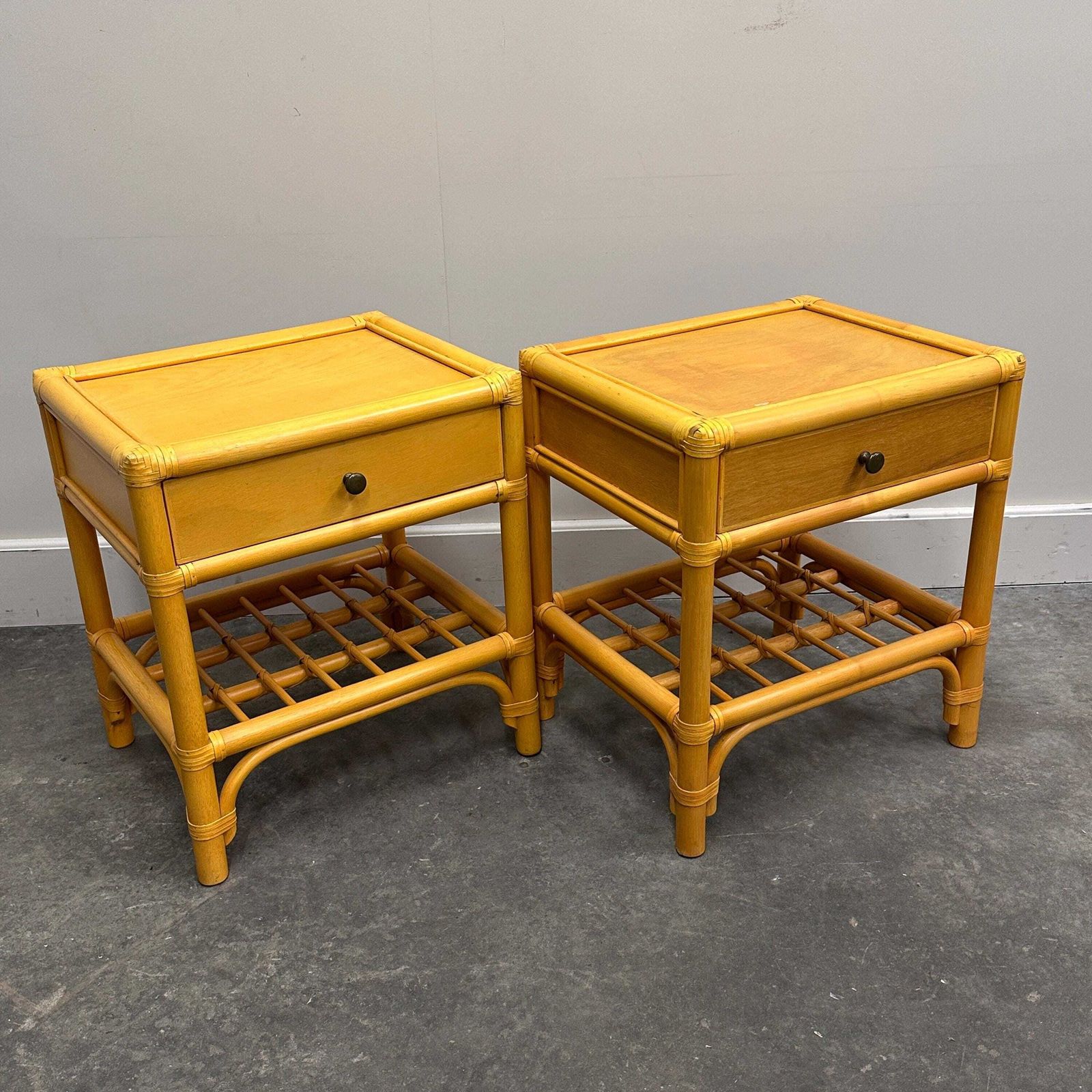 Pair Of Vintage Bamboo & Wood Nightstands With Drawer, 1970s photo vinterior